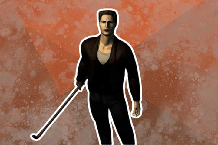 Harry Mason from Silent Hill on grimy background with lead pipe