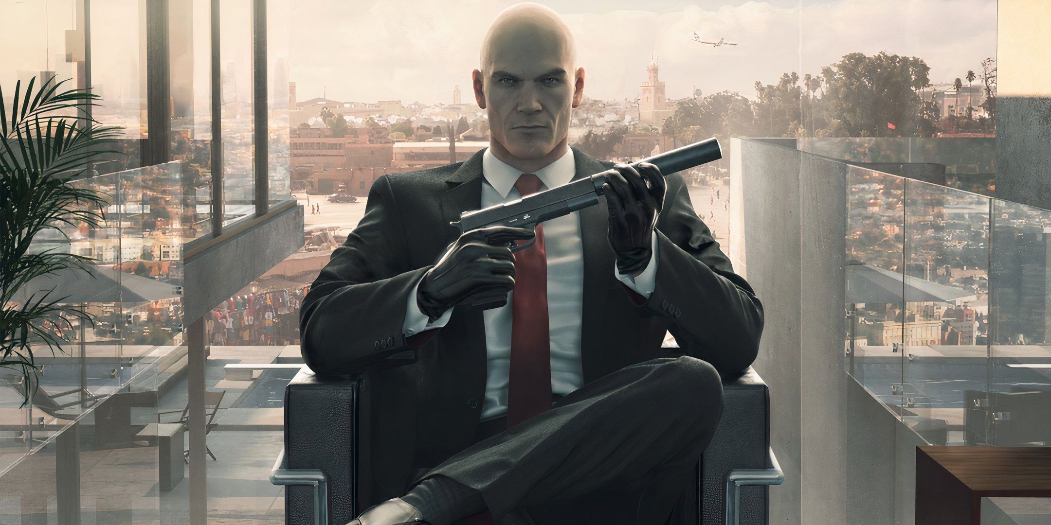 Agent 47 holding a Silverballer in key art for Hitman: World of Assassination.