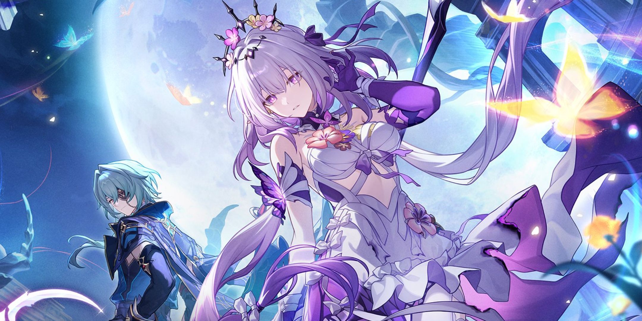 Artwork of Castorice in Honkai Star Rail. She is wearing a purple outfit and has purple hair and purple eyes.