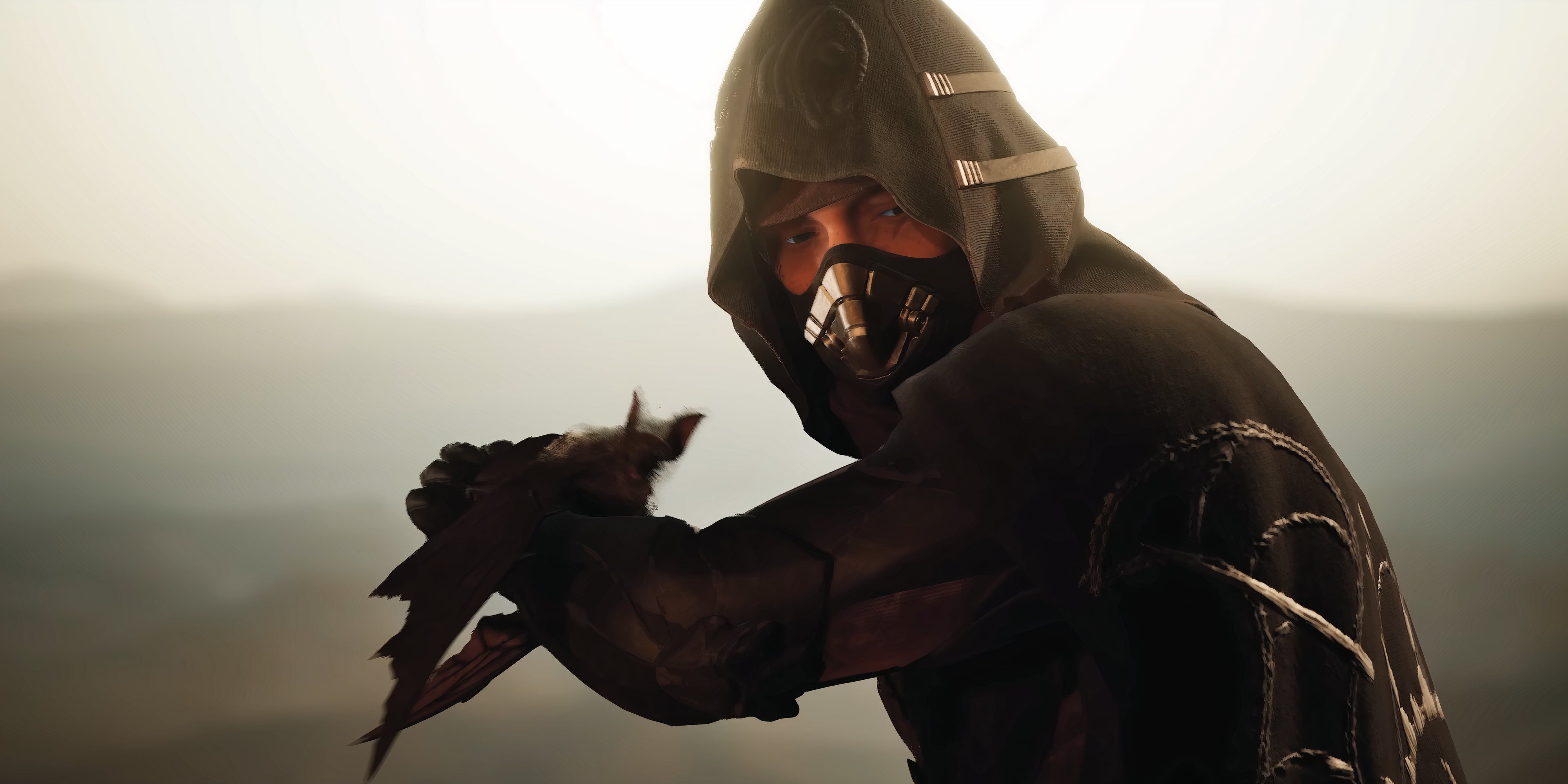 hooded dune awakening character holding a bat.