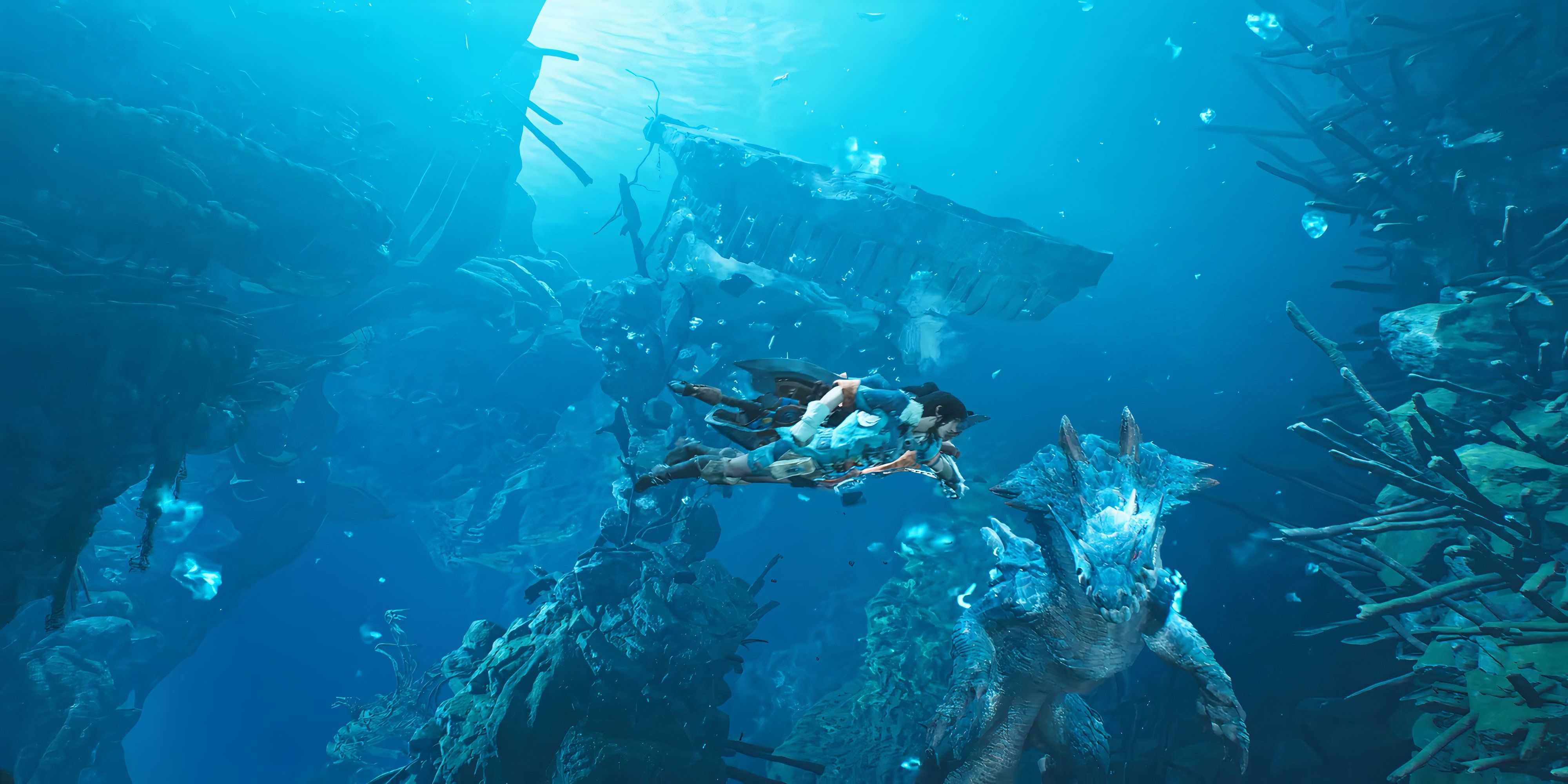 Hunter being stalked by a lagiacrus underwater in monster hunter wilds.