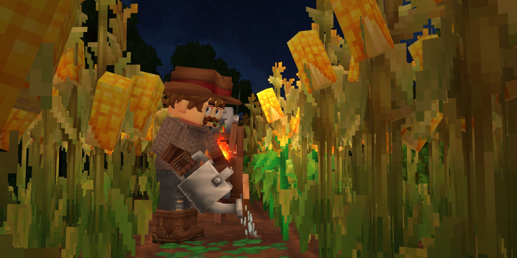 A screenshot from Hytale, showing a character watering some crops in a cornfield.