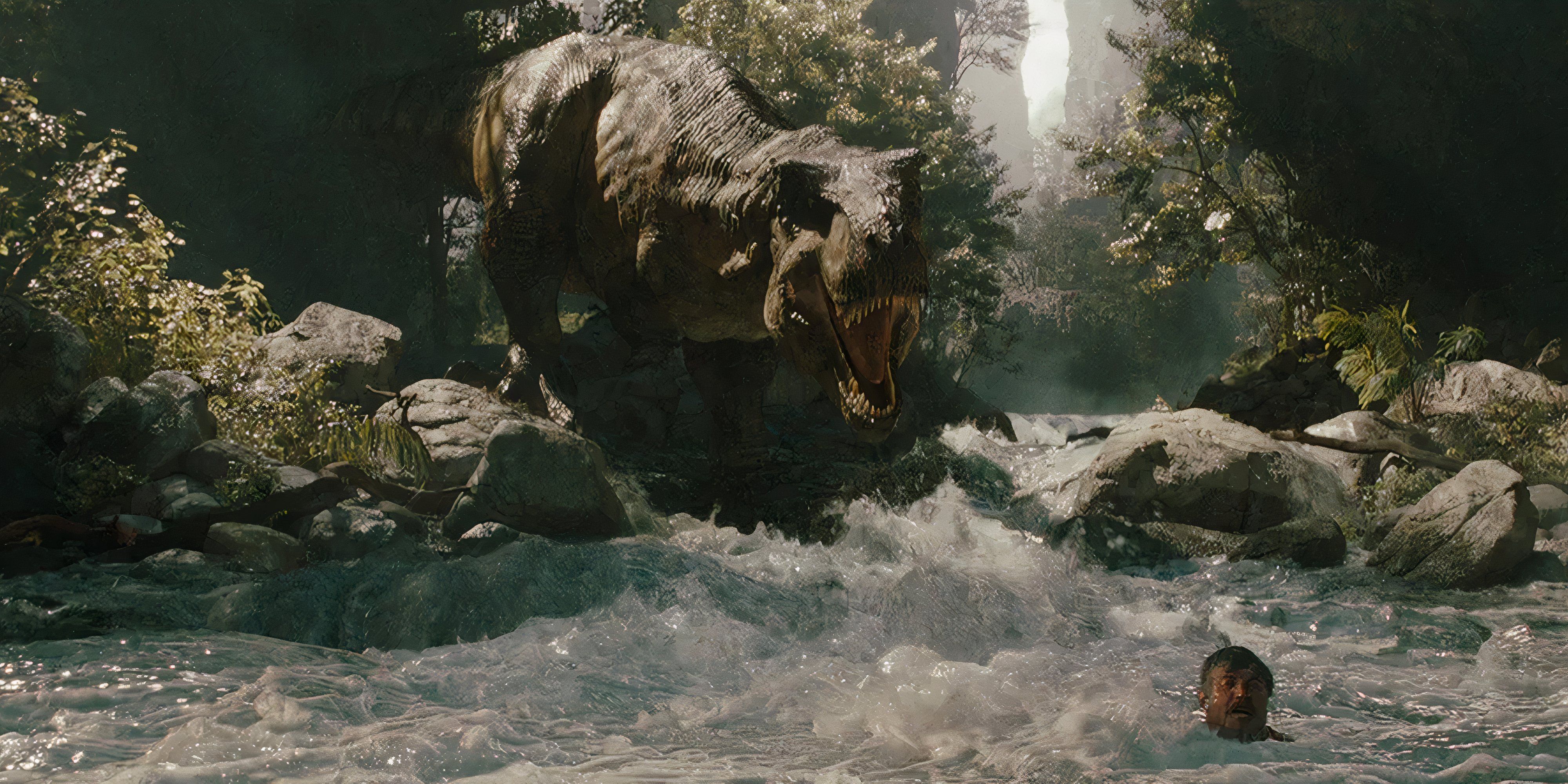 jurassic world rebirth t-rex chase swim