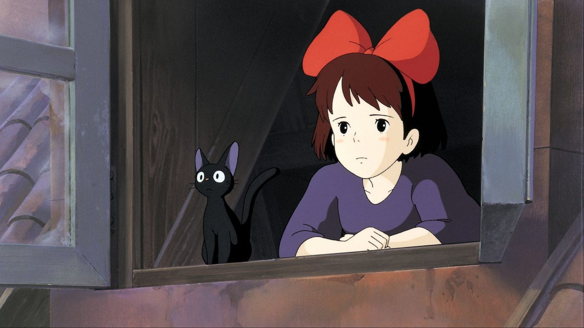 Kiki and her cat, Jiji, staring out a window in Kiki's Delivery Service.