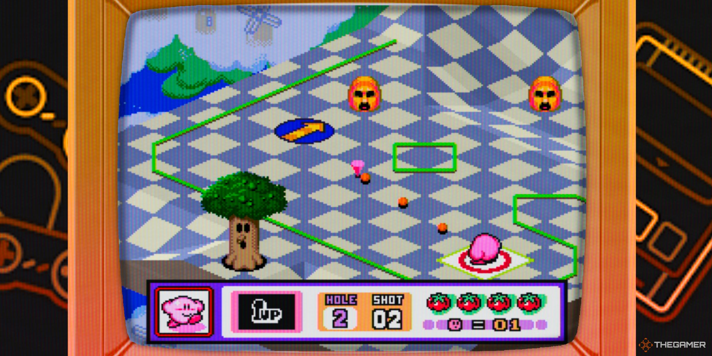 Kirby on hole two of course one about to take a shot in Kirby's Dream Course inside of a CRT TV.