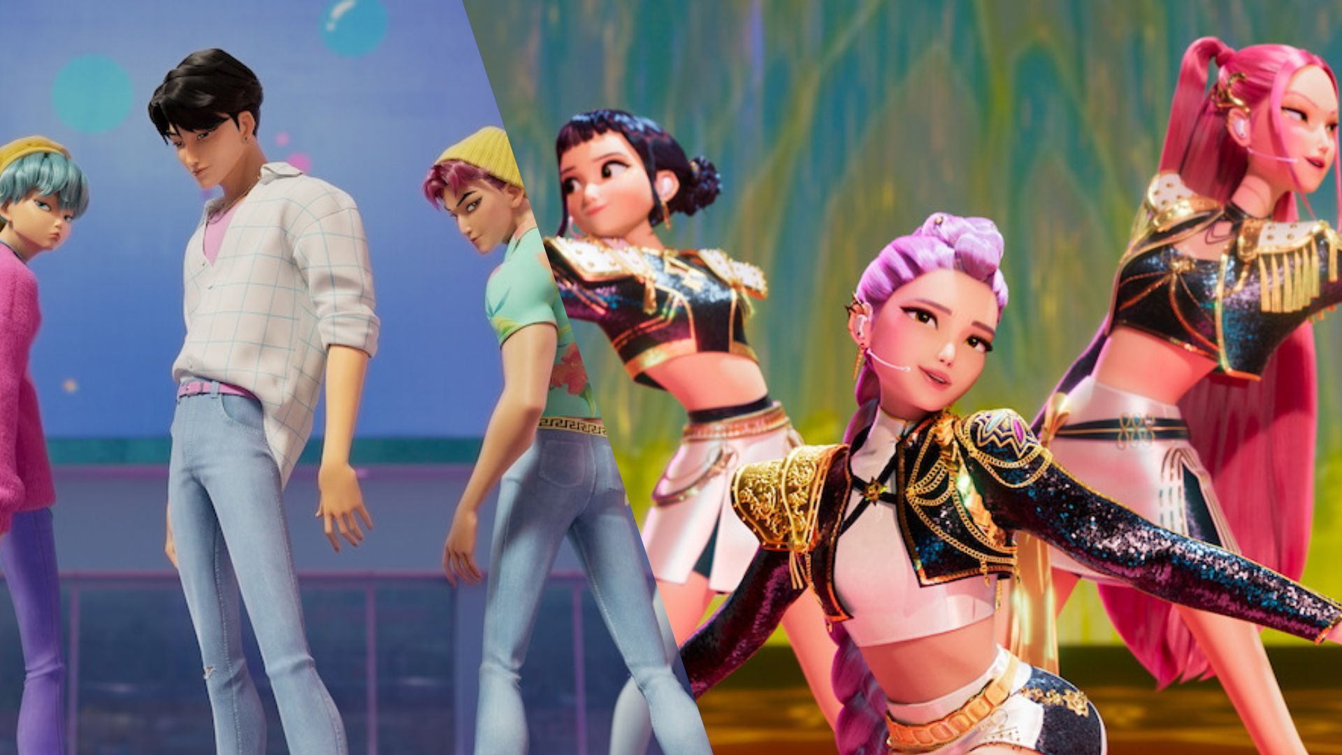 The Saja Boys and Huntrix in the middle of performances from KPop Demon Hunters.