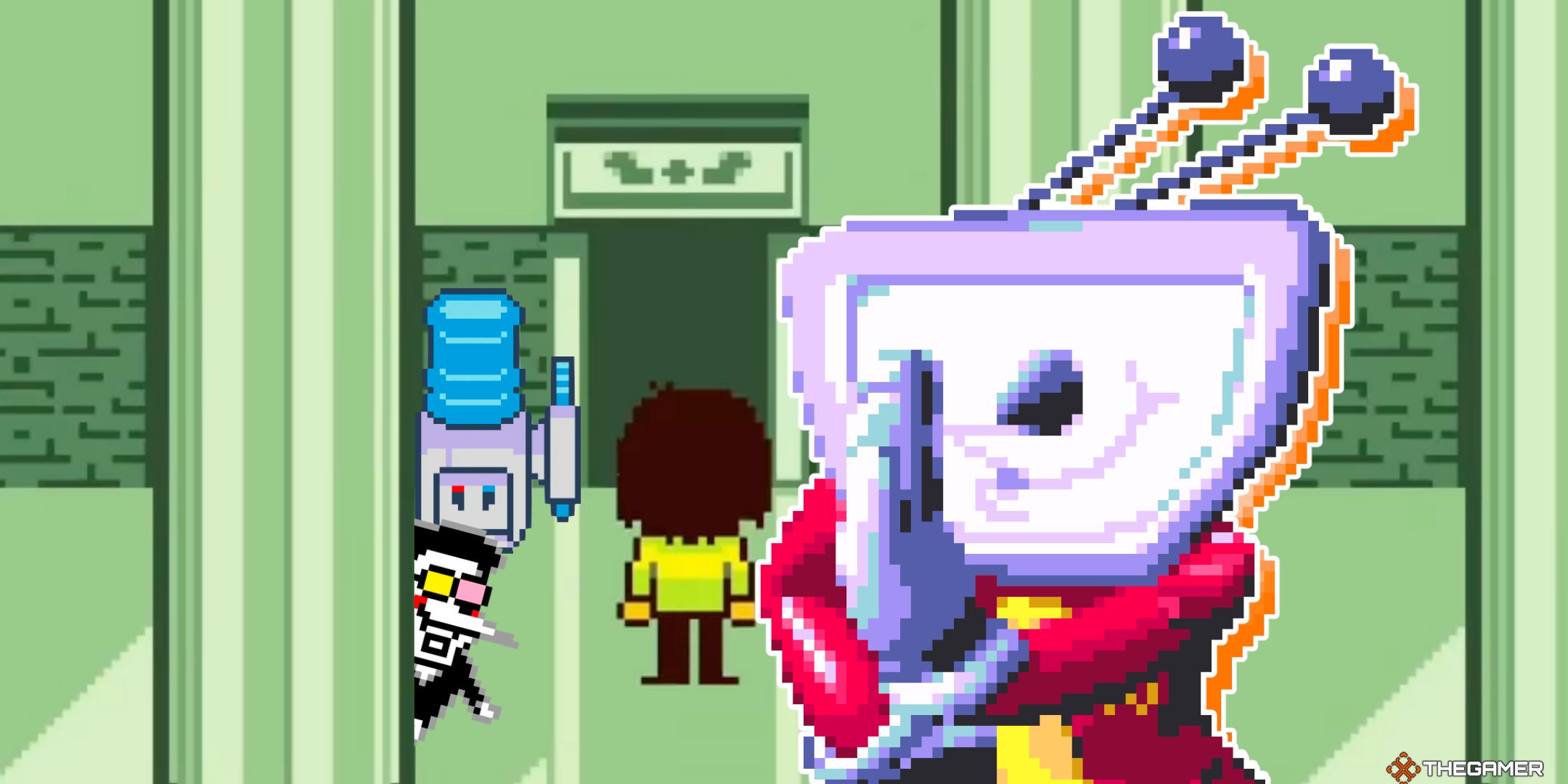 Kris about to enter the Egg tree secret room with Spamton and a water cooler beside them with Tenna at the front whispering to the audience from Deltarune Chapter 3.
