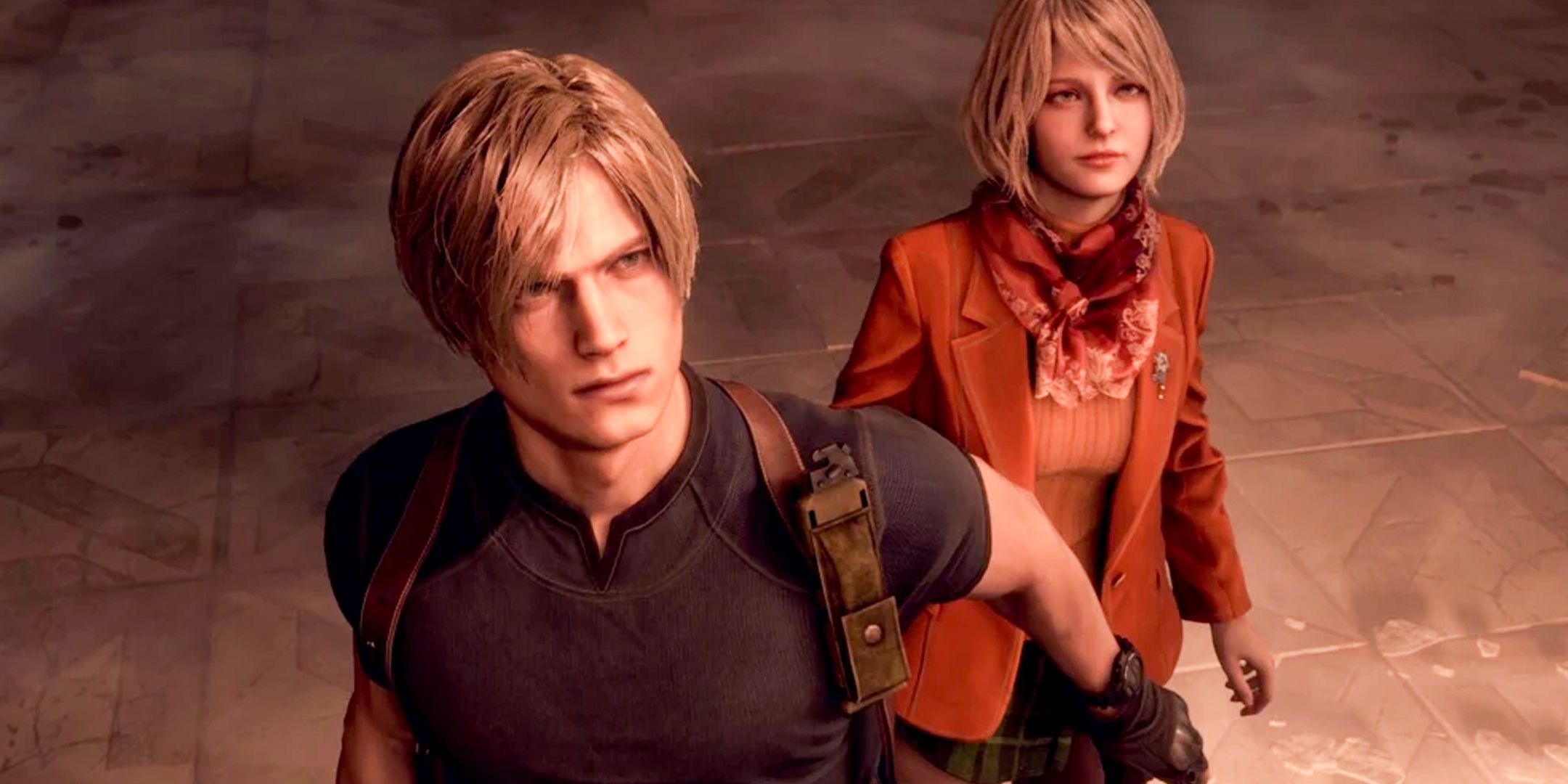 Leon Kennedy holding Ashley back in Resident Evil 4 remake.