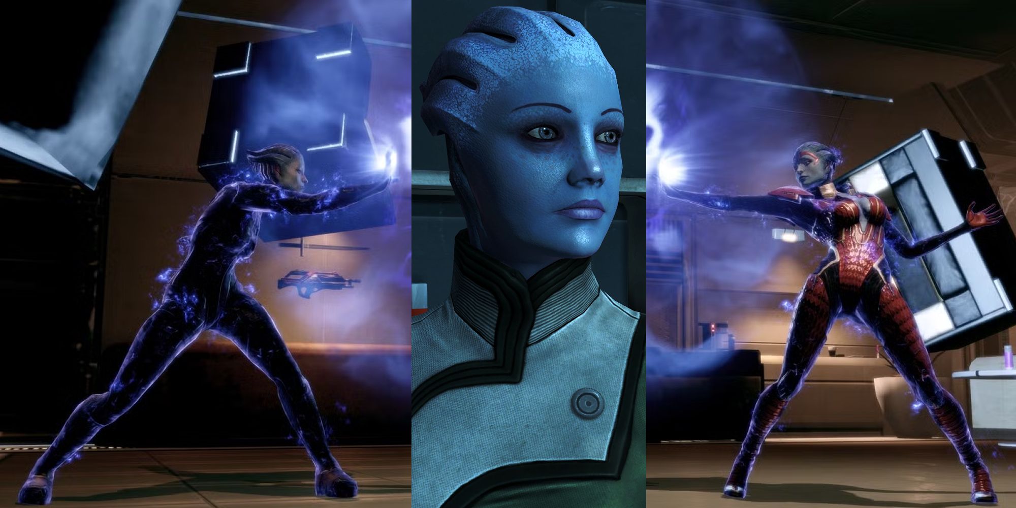 Liara between Samara and Morinth battling in Mass Effect.