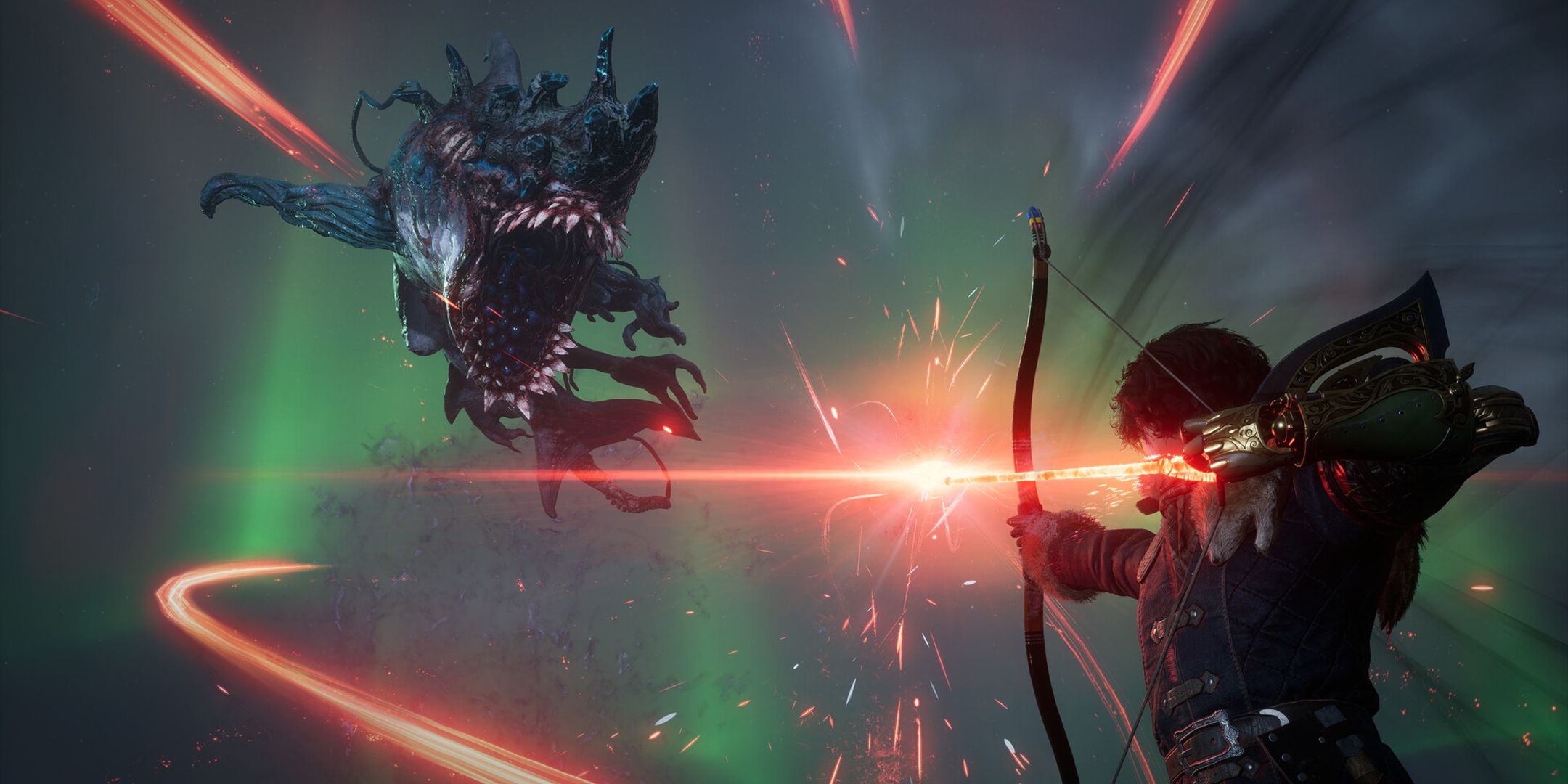 Lies of P character firing an arrow imbued with red energy at a leaping enemy with its teeth-filled maw readied.