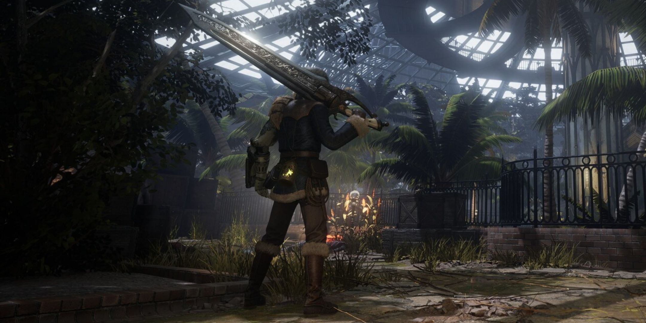 The character P from Lies of P: Overture standing in a greenhouse with his sword resting on his shoulder.