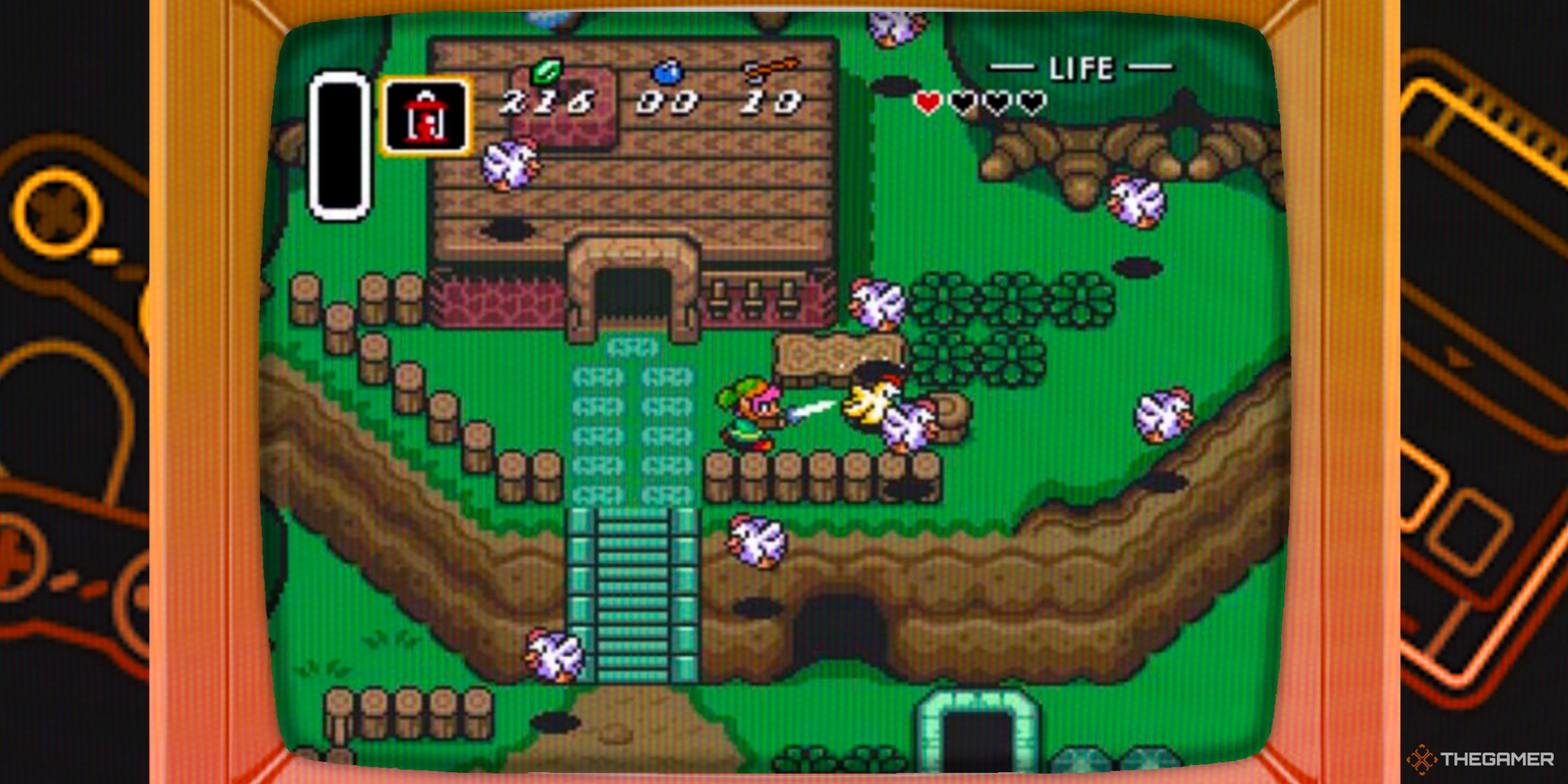 Link angering a Cucco outside of his house in The Legend of Zelda: A Link to the Past inside of a CRT TV.