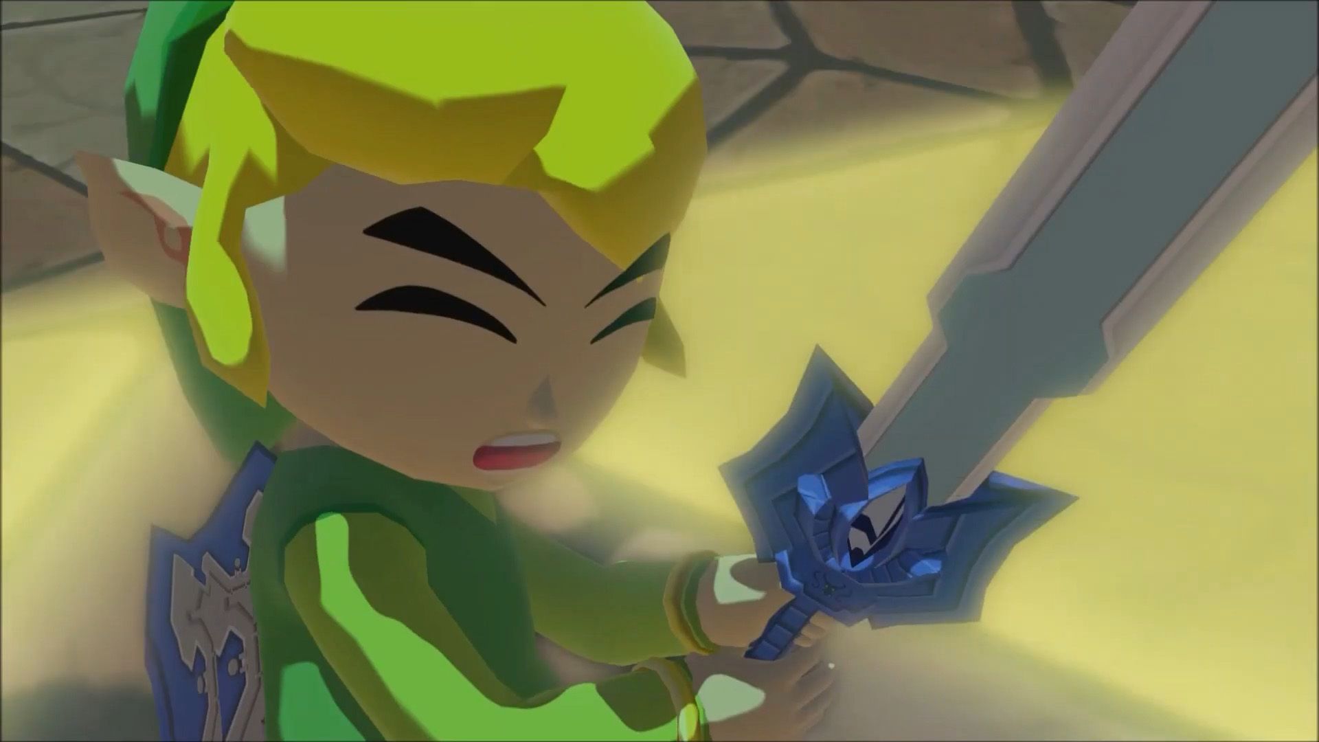 Link holds the Master Sword in The Wind Waker.
