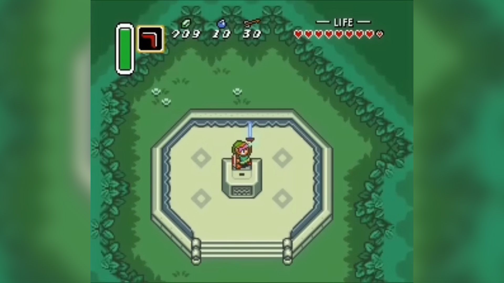 Link is holding the Master Sword in A Link to the Past.