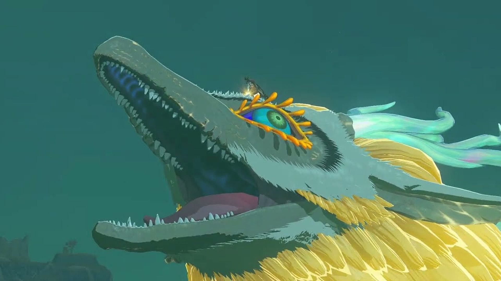 Link is standing on the Light Dragon's head in Tears of the Kingdom.
