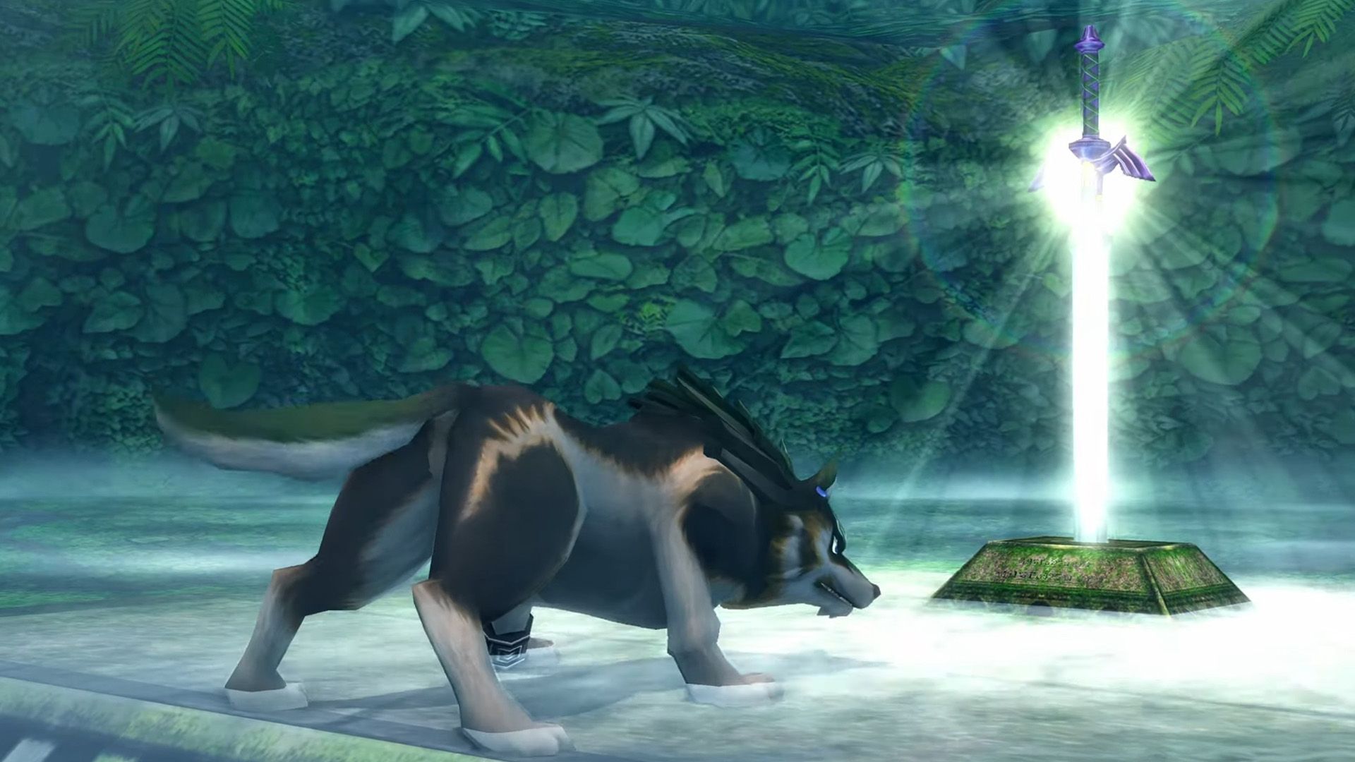 Link's wolf form is standing in front of the glowing Master Sword in Twilight Princess.