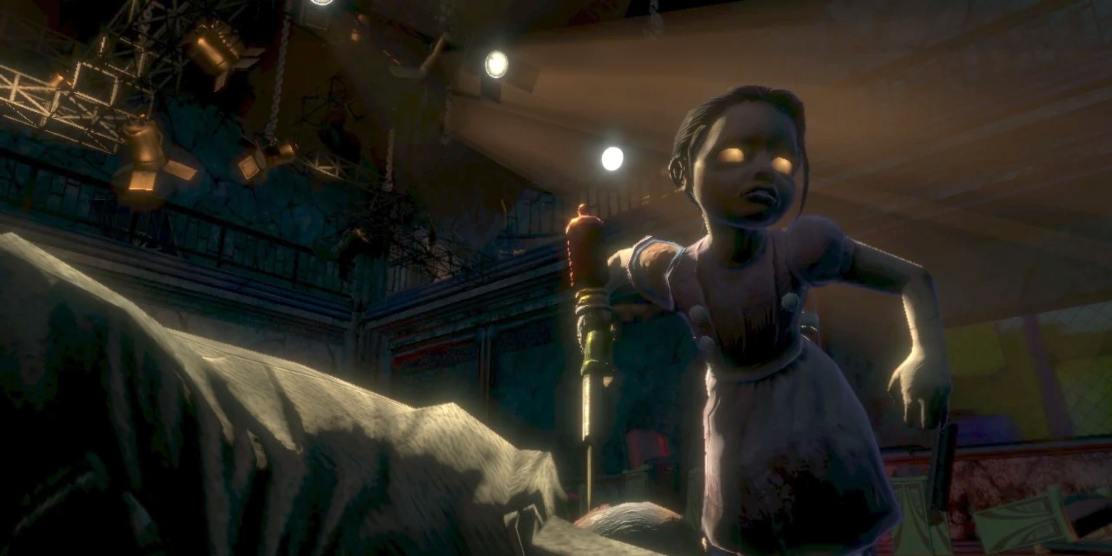 Little Sister harvesting ADAM from someone in Bioshock.