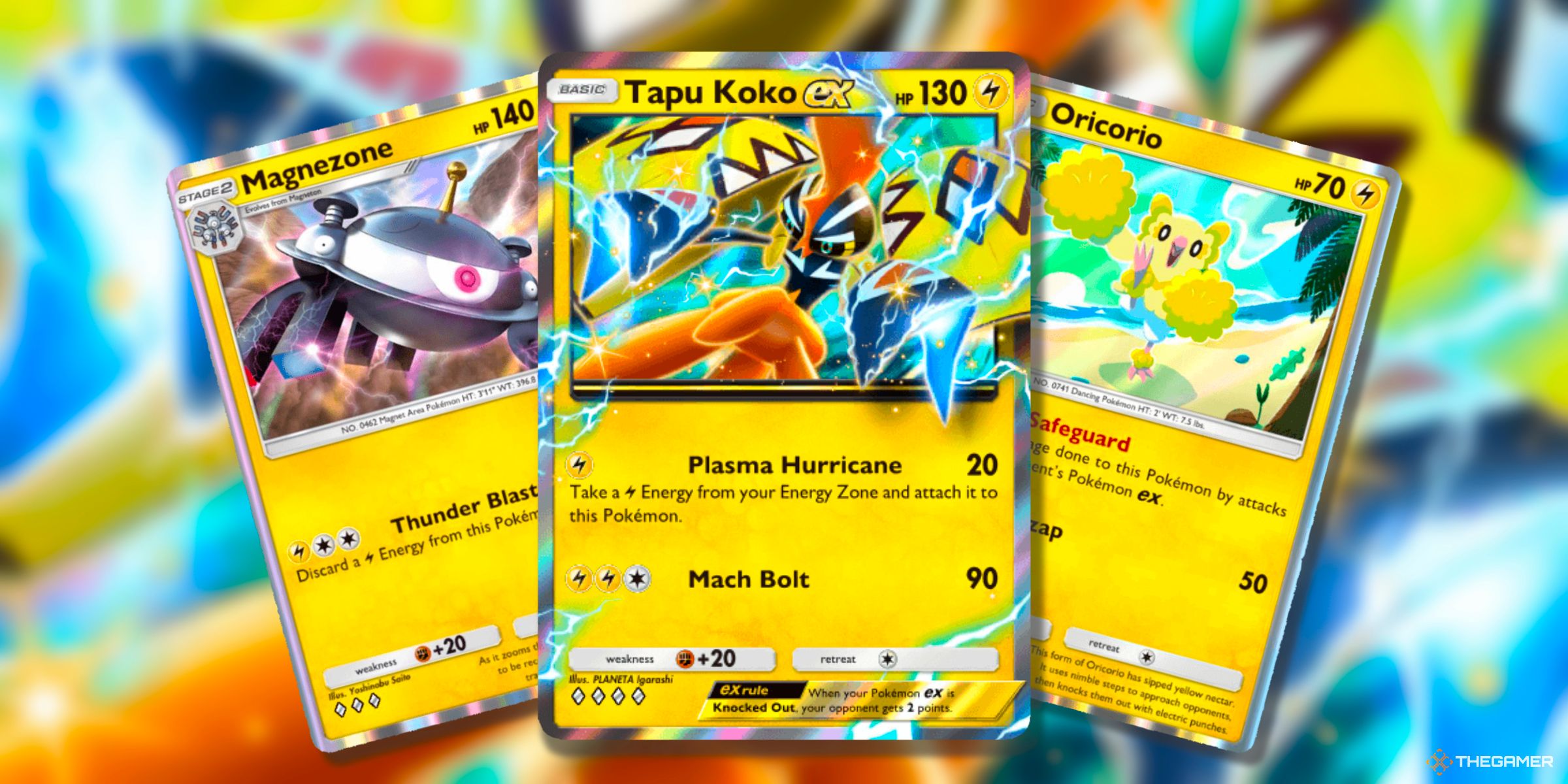 Magnezone (A2-53), Tapu Koko Ex (A3a-19), And Oricorio (A3-66) Pokemon Cards From Pokemon TCG Pocket.