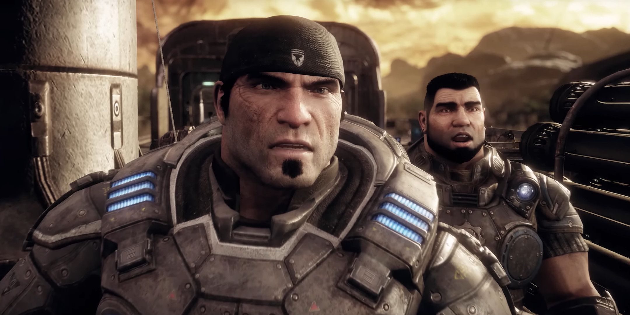 Marcus Fenix and Dom looking towards camera in gears of War Reloaded.