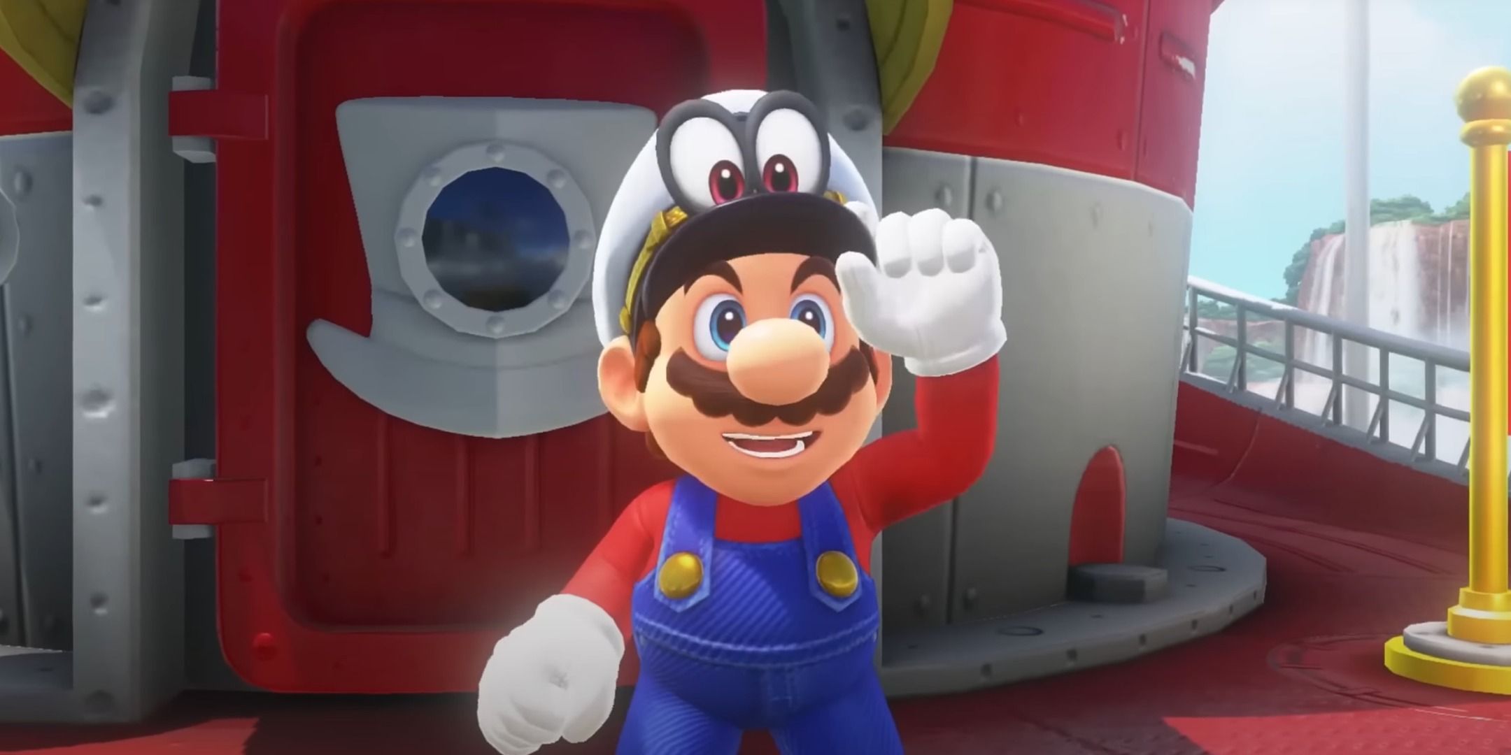 Mario and Cappy on their ship in Super Mario Odyssey.