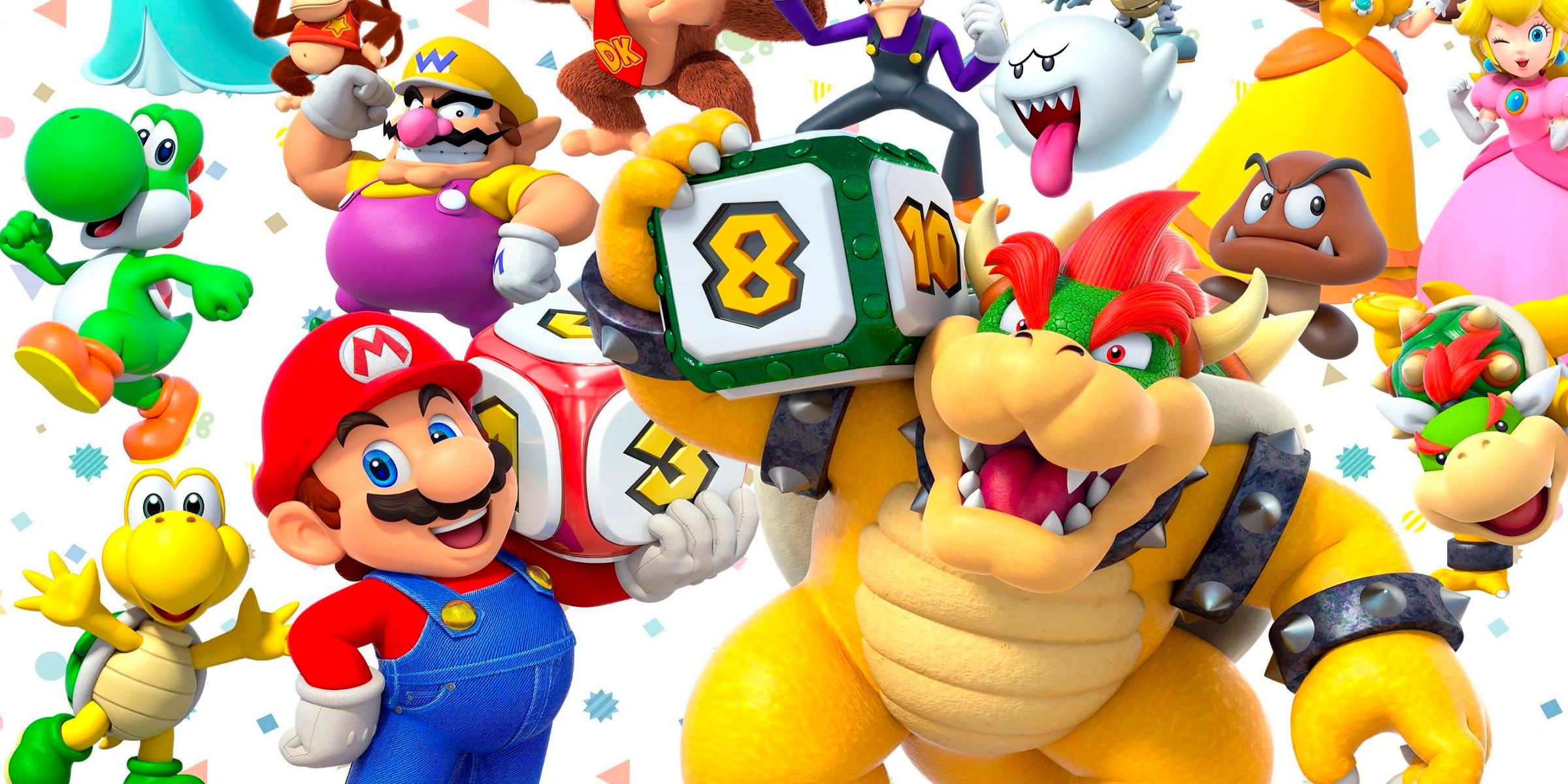 Mario And Bowser Holding Their Dice Blocks With Other Characters Around Them In A Promotional Image For Super Mario Party.