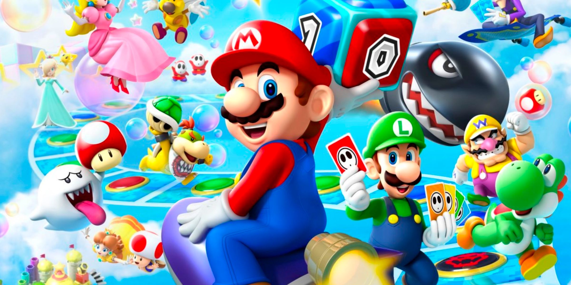 Mario And Friends Using And Holding Items And Dice In The Main Art For Mario Party Island Tour.