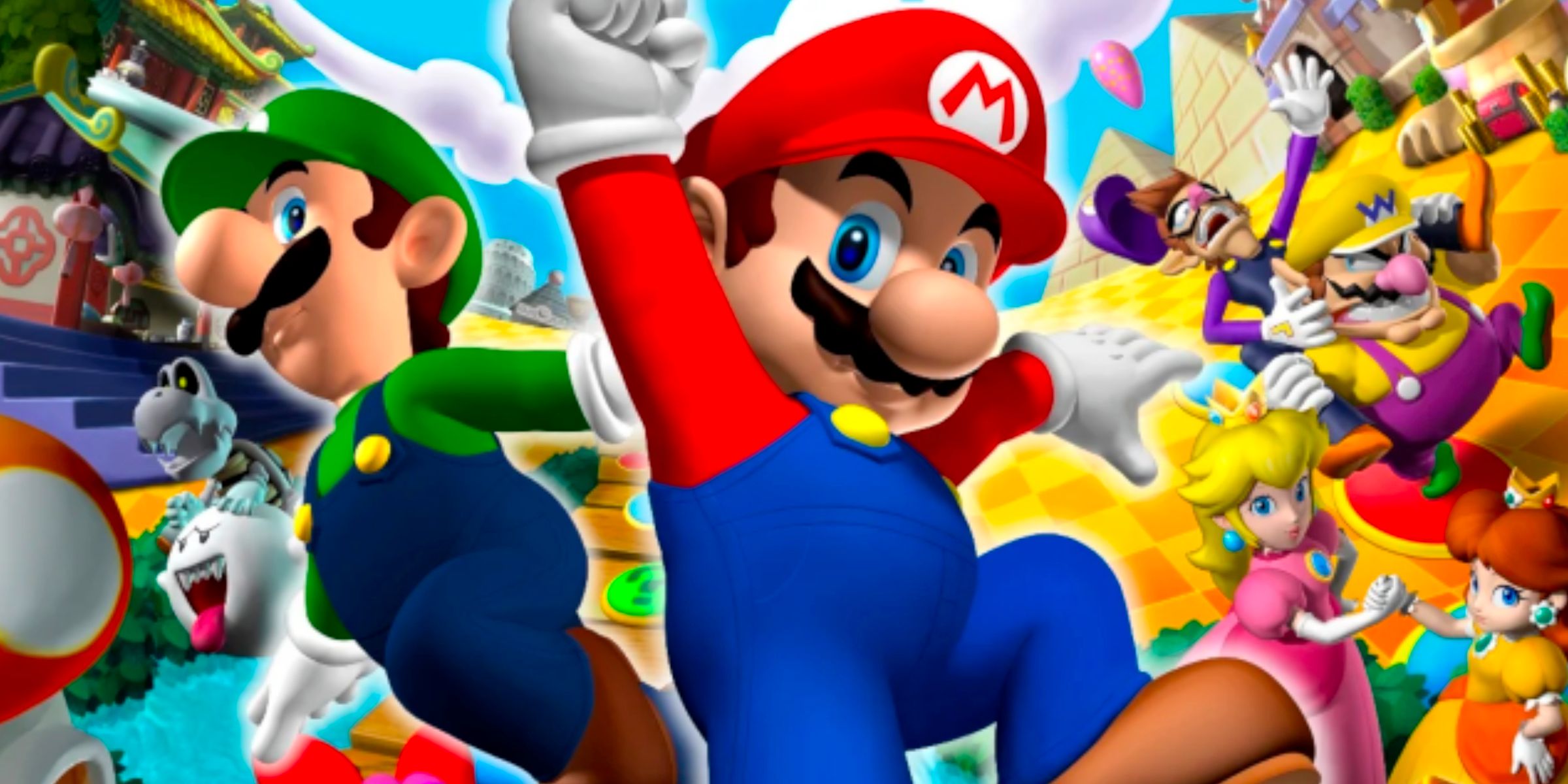 Mario And Luigi Alongside Various Other Playable Characters In Mario Party 7's Main Art.