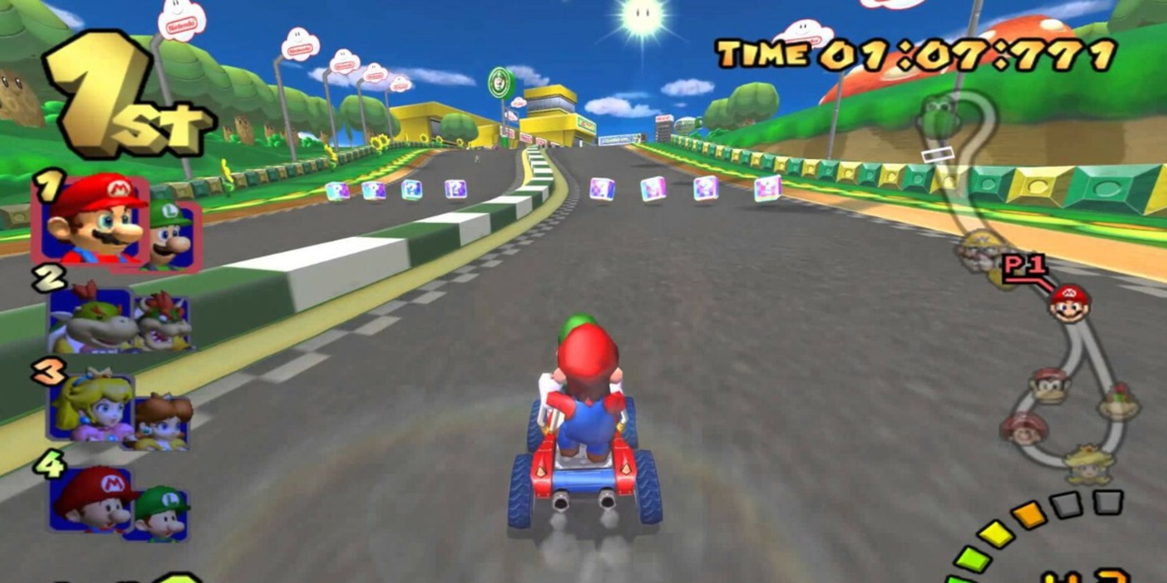 Mario and Luigi racing on Luigi Circuit in Mario Kart: Double Dash.