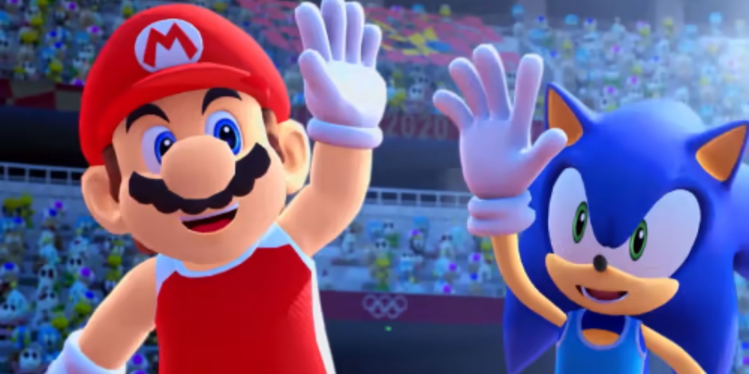 Mario and Sonic waving to fans in Mario & Sonic At The Olympic Games Tokyo 2020.