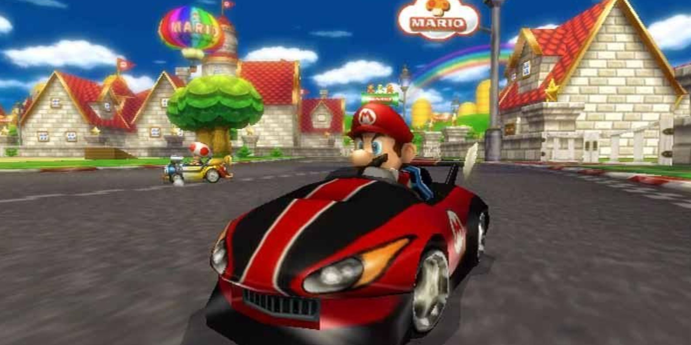 Mario and Toad racing through Mario Circuit in Mario Kart Wii.