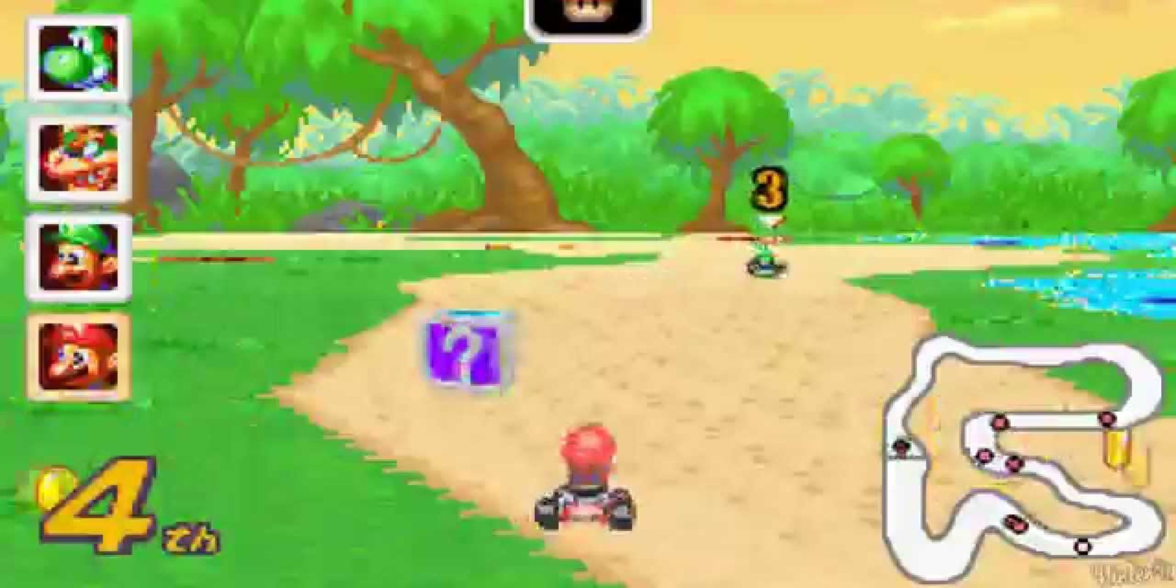 Mario driving along Riverside Park in Mario Kart: Super Circuit.