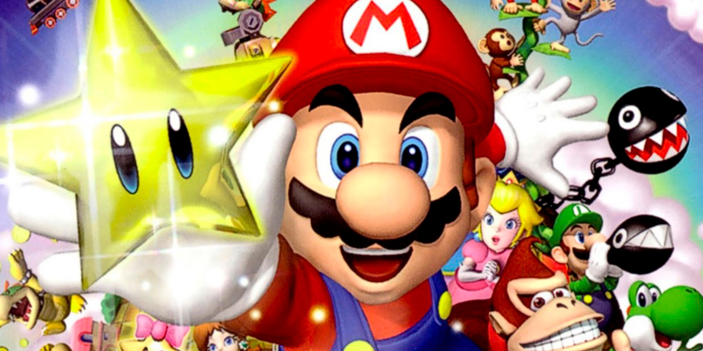 Mario Holding A Star Alongside Various Other Characters In The Mario Party 5 Main Art.