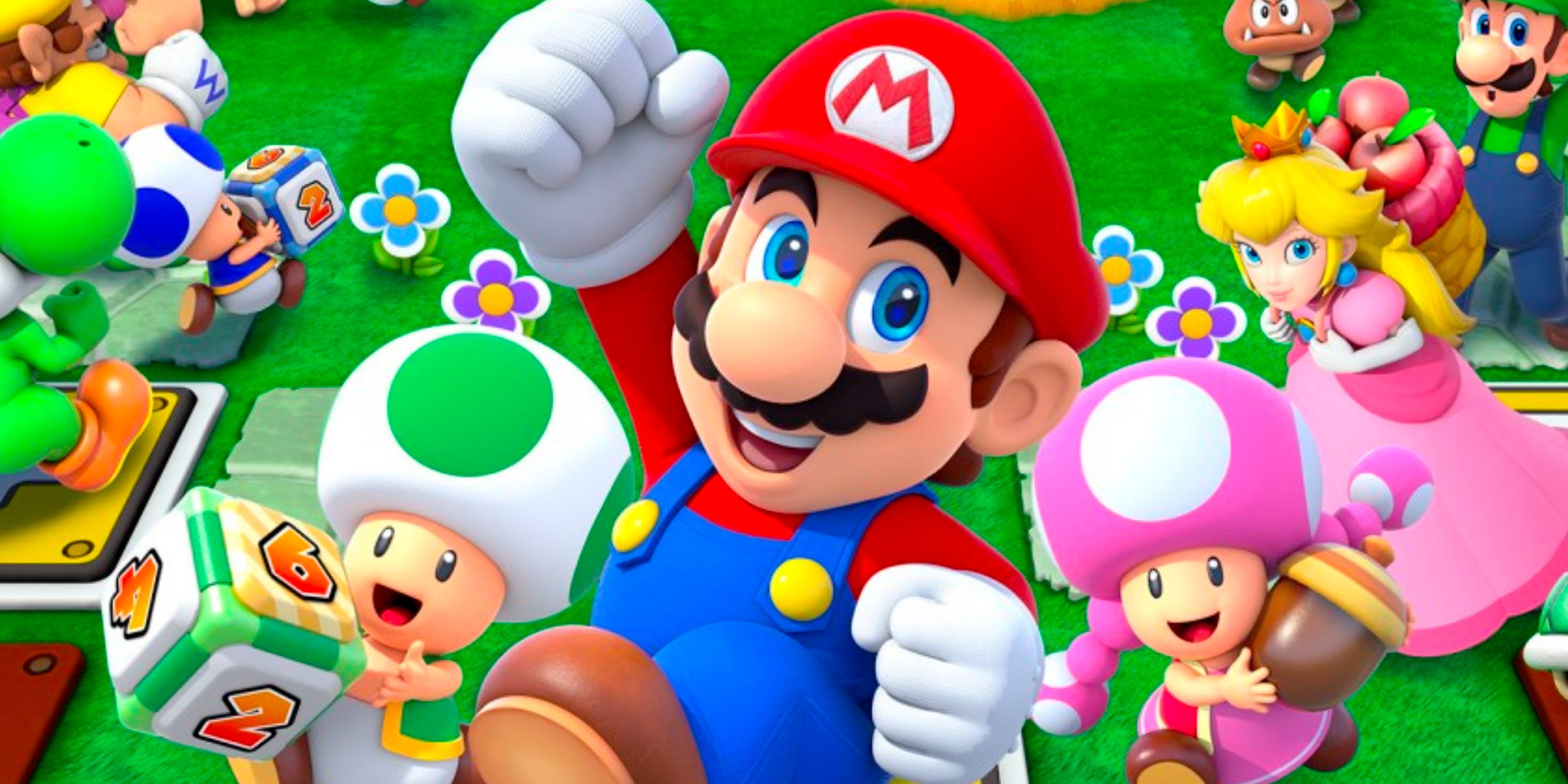 Mario Jumping Alongside A Green Toad, Toadette And Peach In Mario Party Star Rush's Main Art.