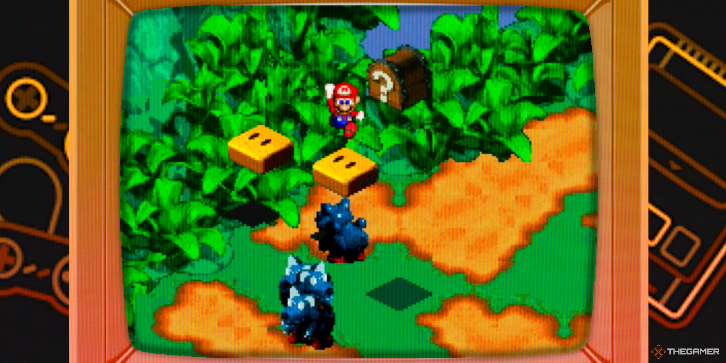 Mario jumping to reach a Hidden Treasure Chest Block in Super Mario RPG: Legend of the Seven Stars inside of a CRT TV.