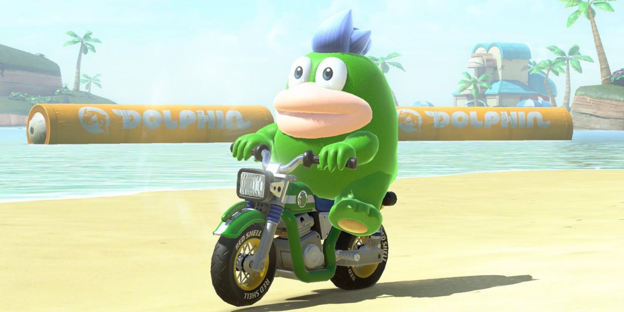 The character Spike on a bike on the beach in Mario Kart World.