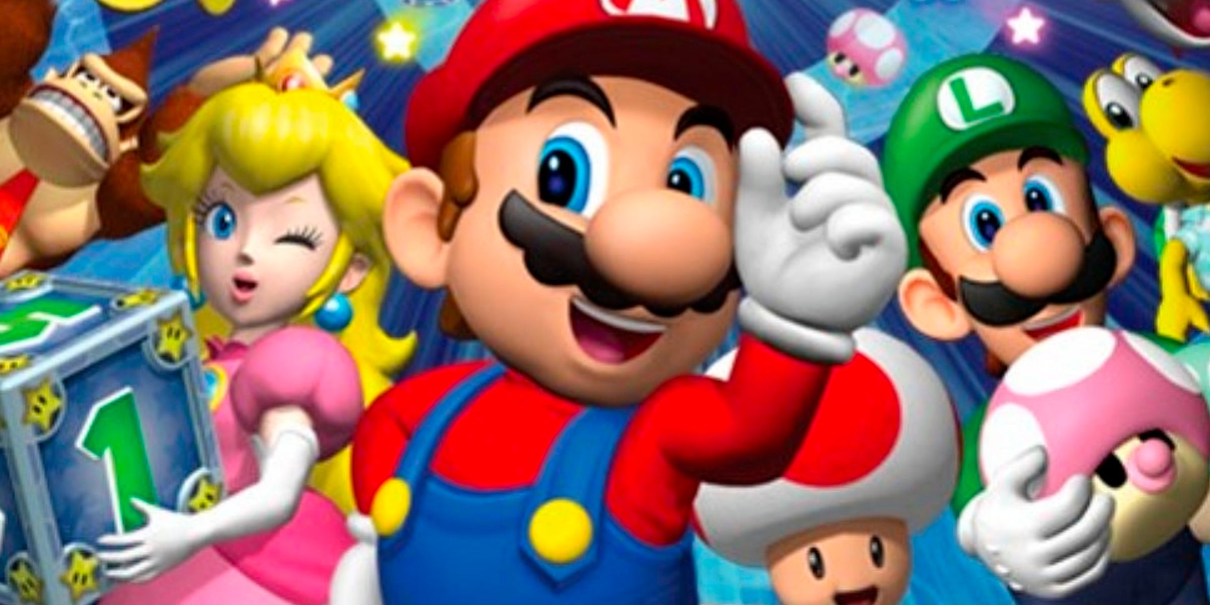 Mario, Peach, DK, Toad, Luigi And Koopa Troopa Together With Various Items On Mario Party 4's Main Art.