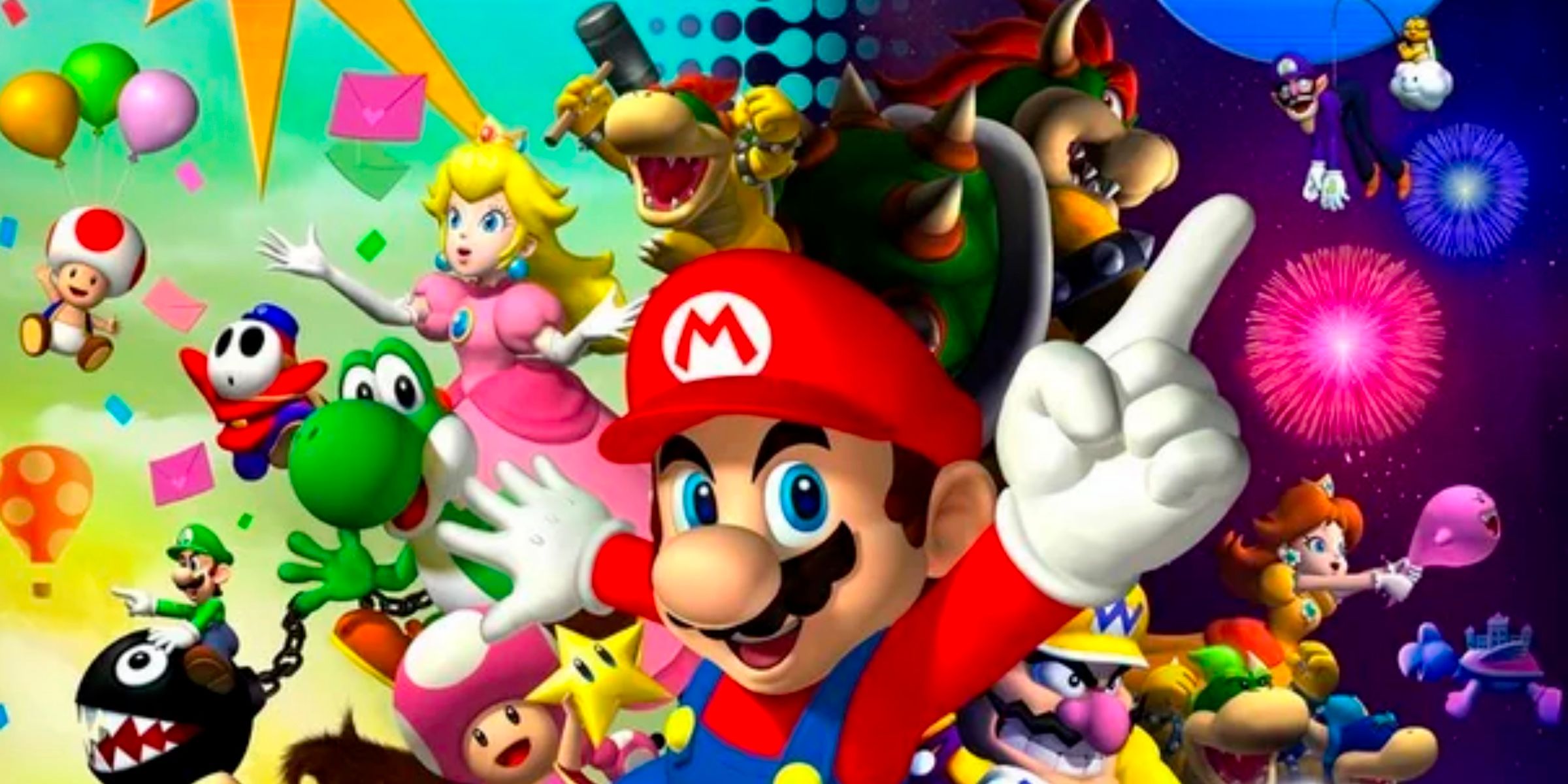 Mario, Peach, Yoshi, Bowser, Wario And Many Othe Characters Celebrating On The Main Art For Mario Party 6