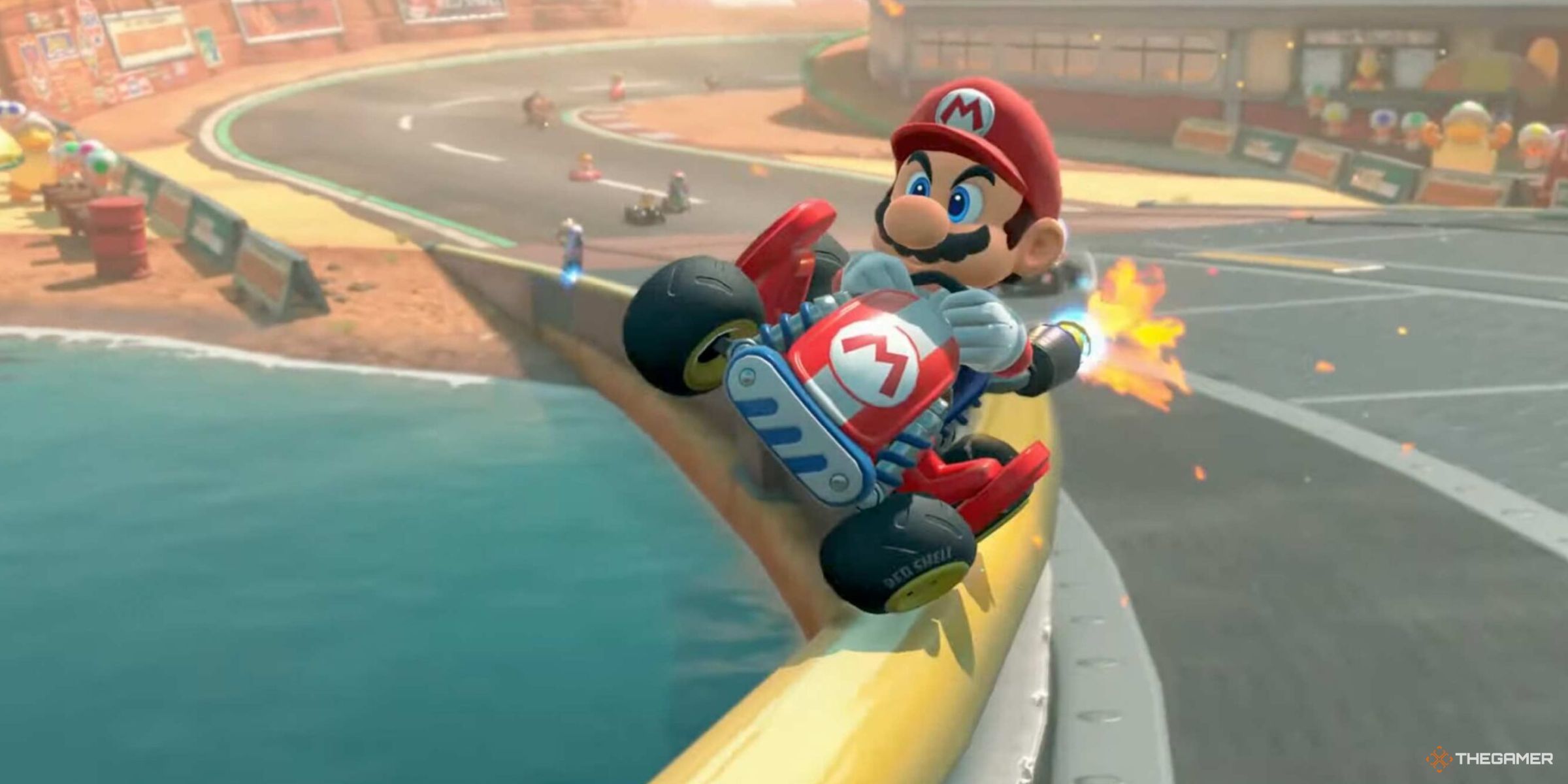 Mario rail grinding around a corner on Mario Bros. Circuit in Mario Kart World.