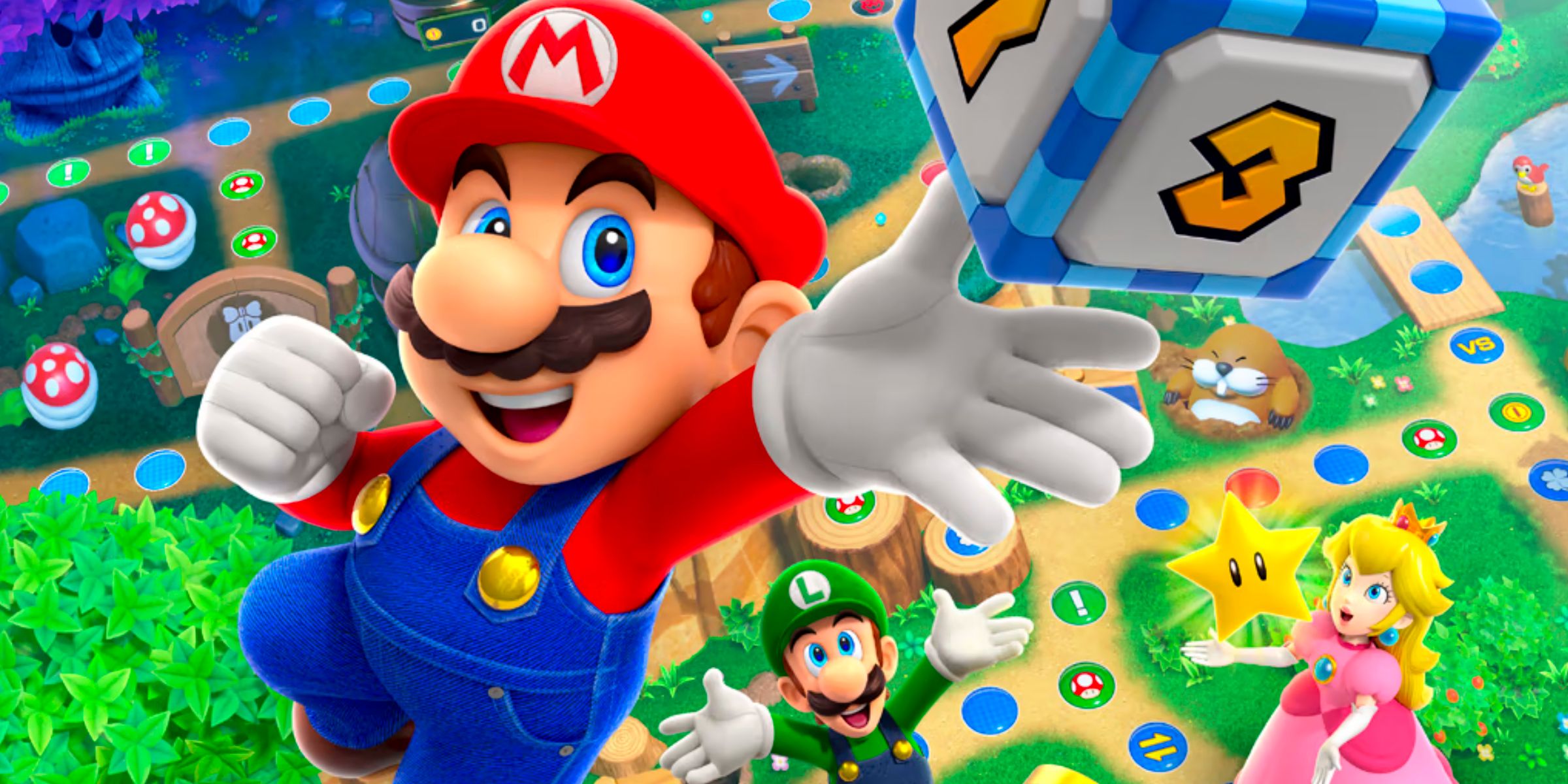 Mario Rolling A Dice Block With Peach And Luigi Getting A Star Below On Woody Woods In Mario Party Superstars Main Art.