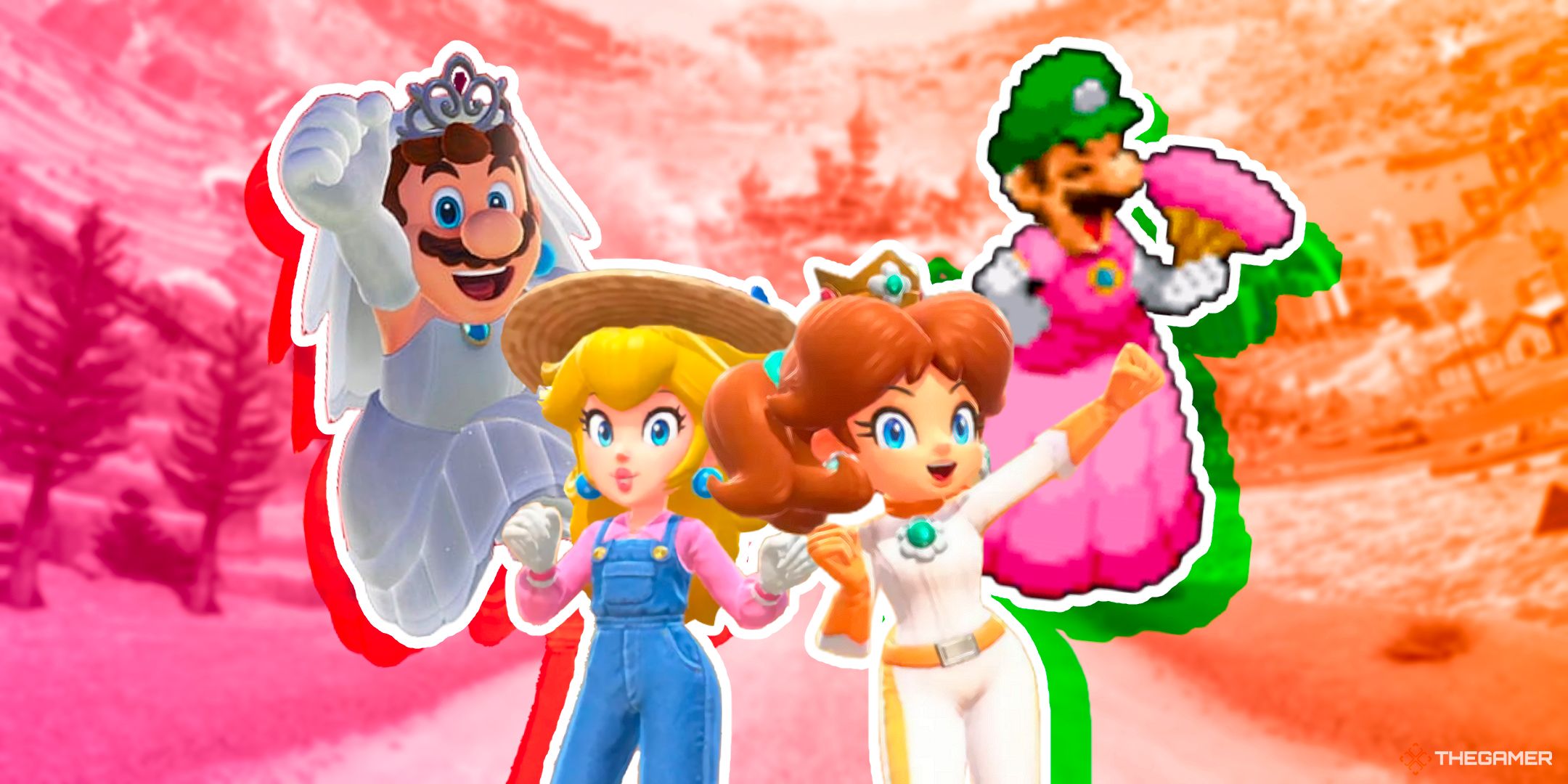 Mario wearing Peach's wedding dress and Peach wearing her Touring outfit alongside Luigi wearing Peach's princess dress and Daisy wearing her Touring outfit from Mario Kart World.