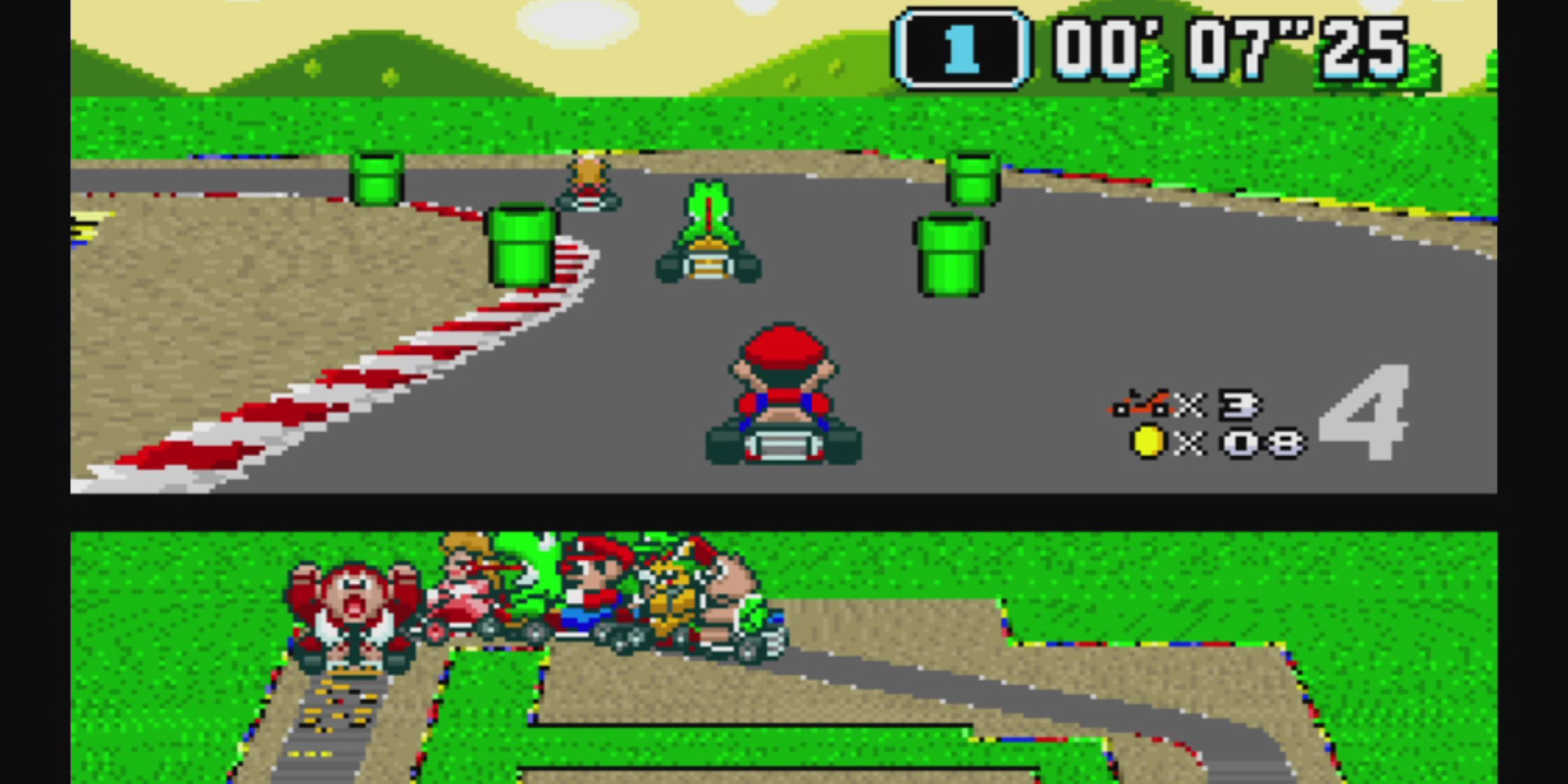 Mario, Yoshi and Peach driving around Mario Circuit in Super Mario Kart.