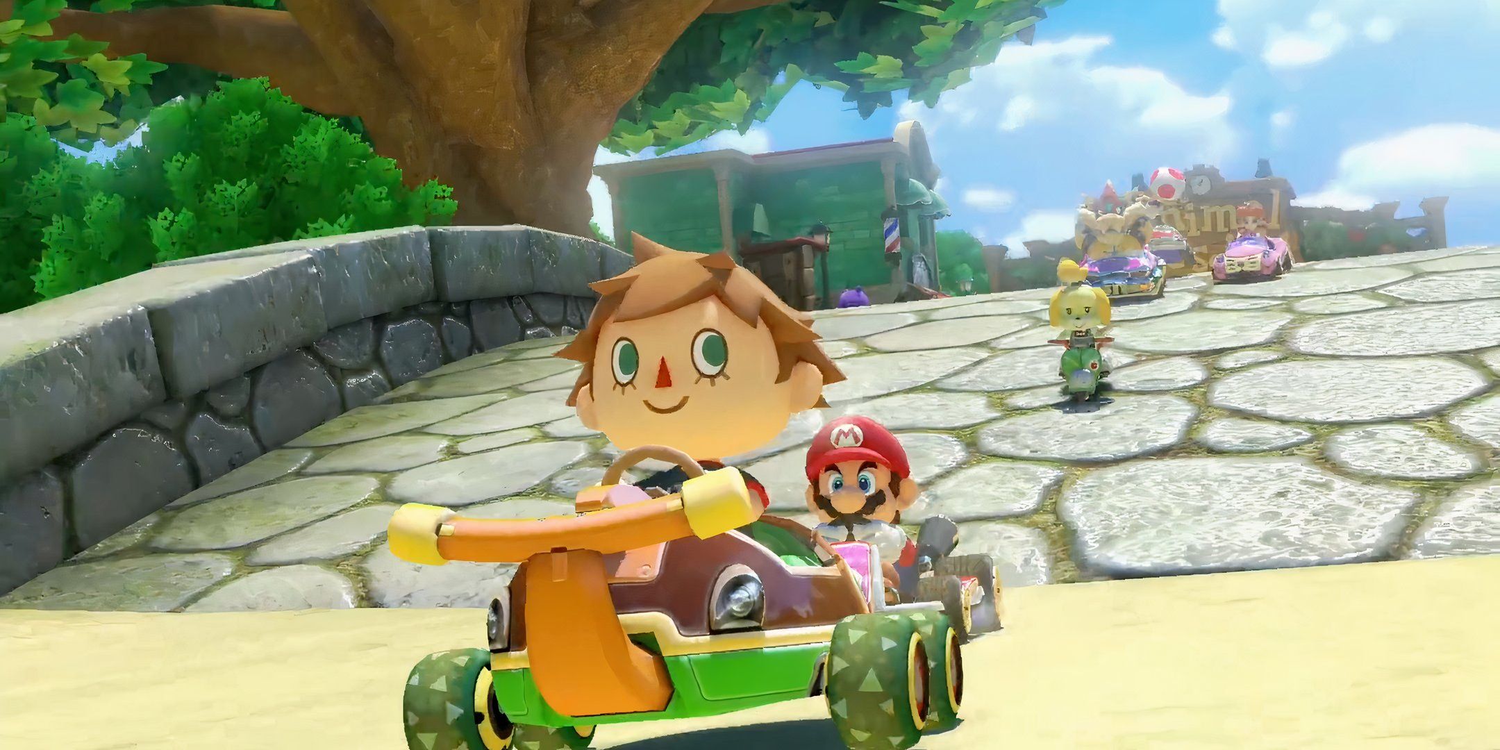 The Villager racing across an Animal Crossing course in Mario Kart 8.