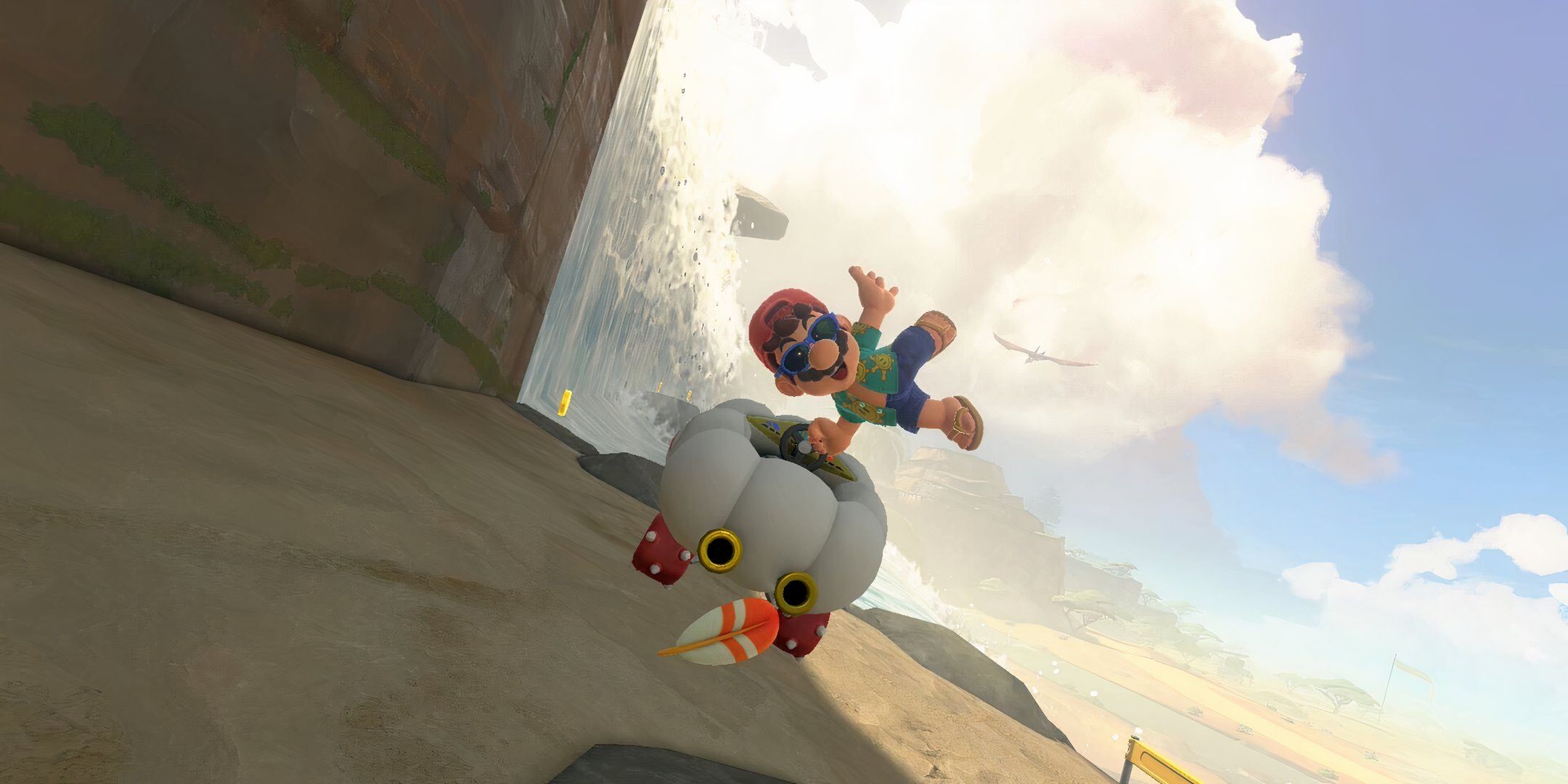 Mario using a Feather near a waterfall in Mario Kart World.