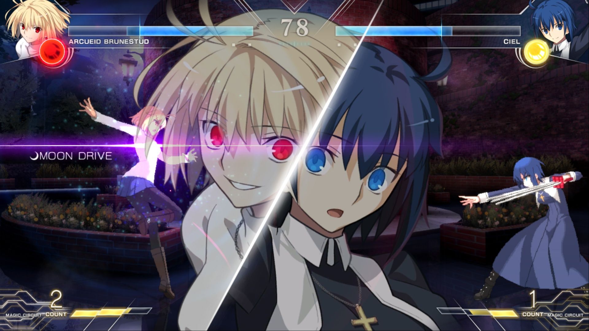 Arcueid activating her Moon Drive against Ciel in Melty Blood: Type Lumina.