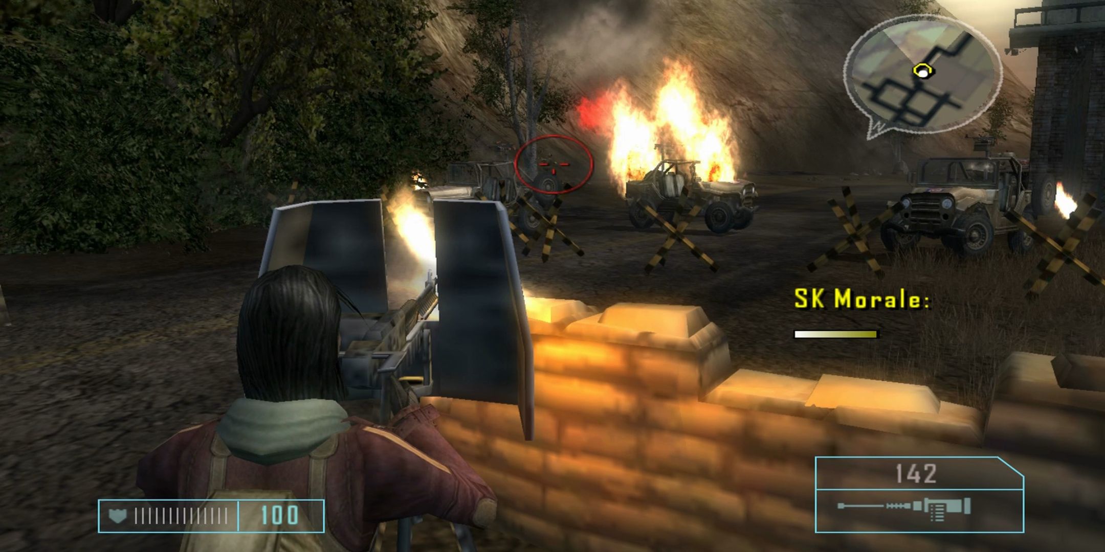 Mercenary on turret shooting at vehicle in Mercenaries Playground of Destruction.