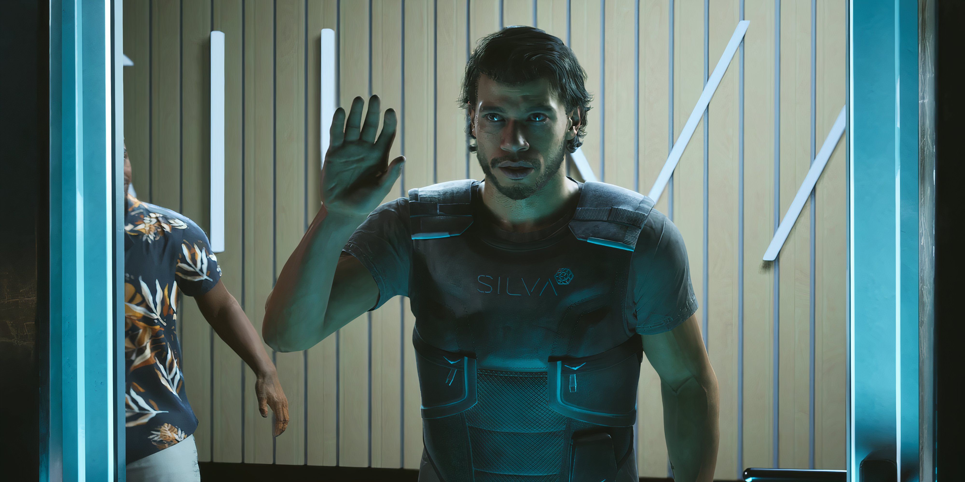 mindseye protagonist stood in a doorway waving.