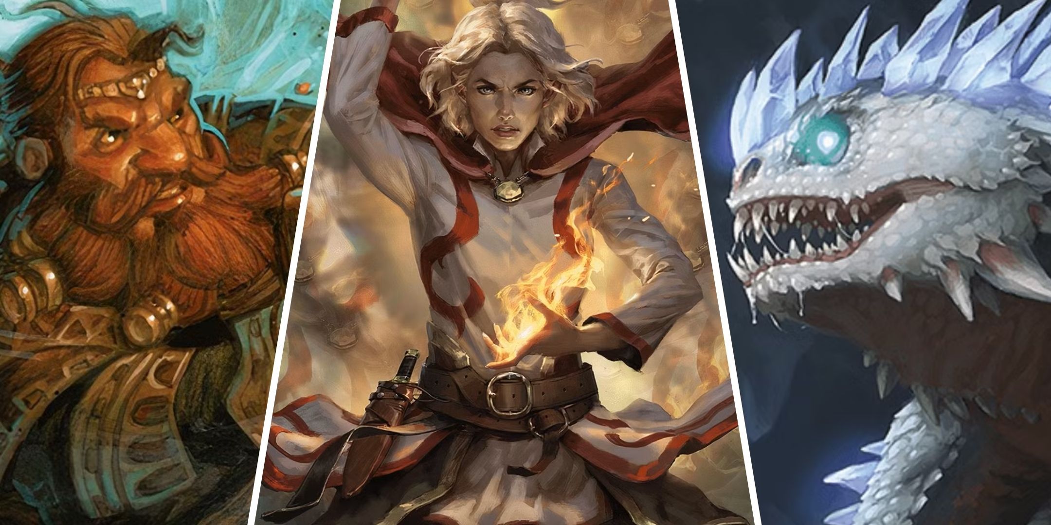 A dwarf, an elf, and a basilisk, from Dungeons & Dragons (DND).