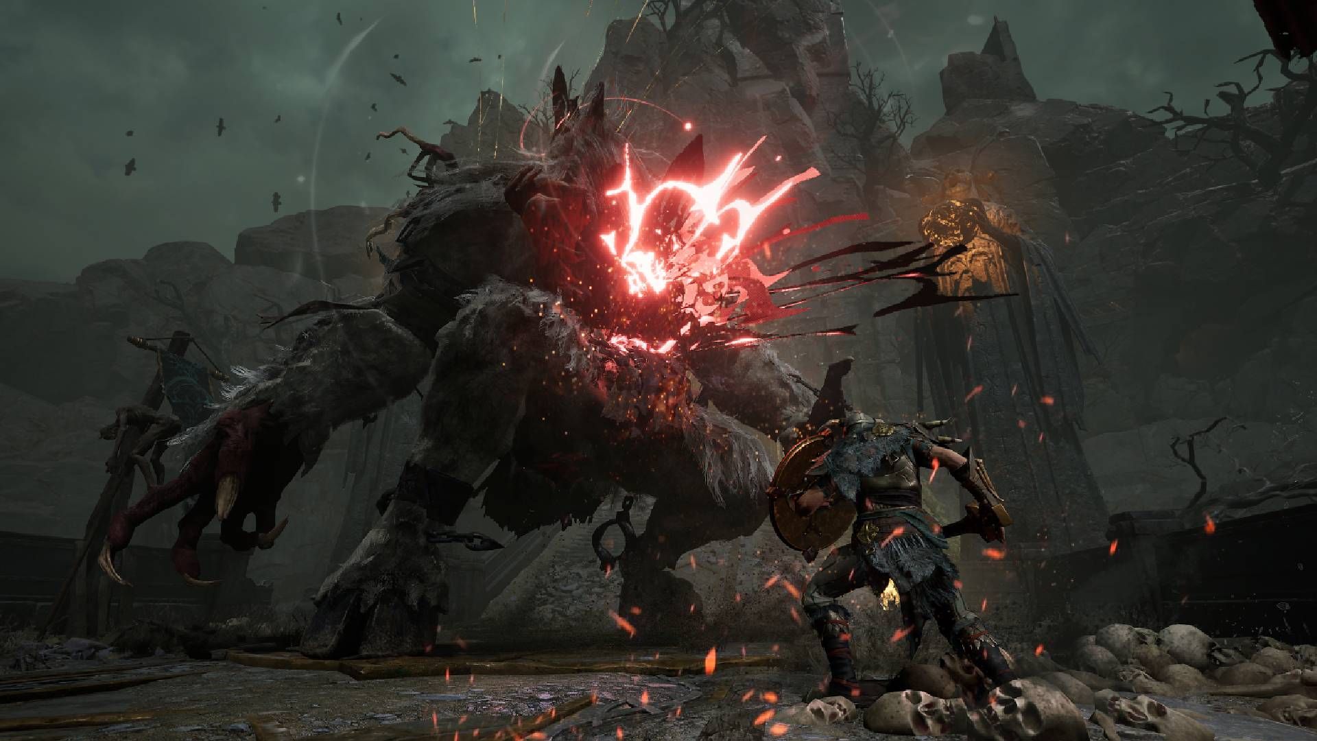 Mistfall Hunter Hero Fighting A Giant Monster With A Sword And Shield.