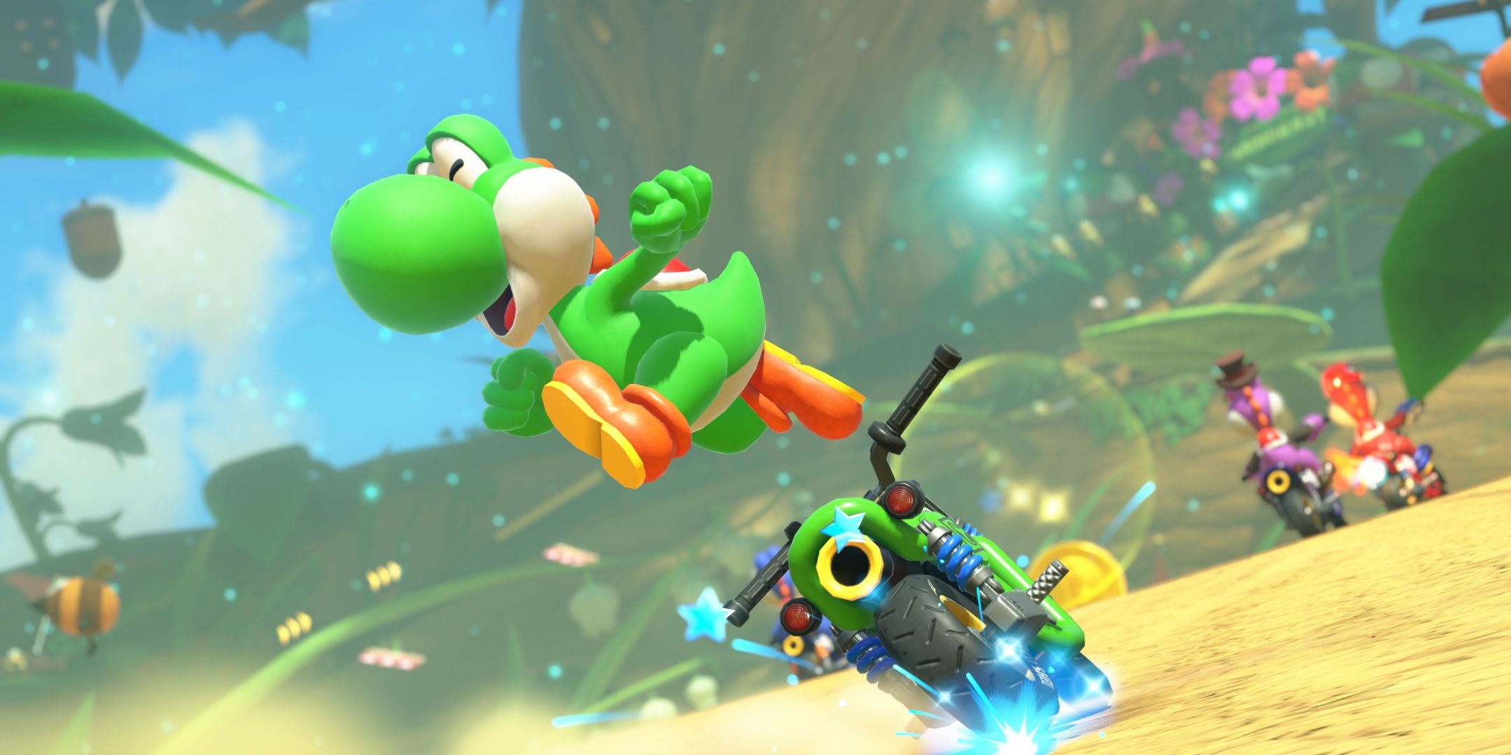 Yoshi does a trick off his motorcycle in Mario Kart World. 