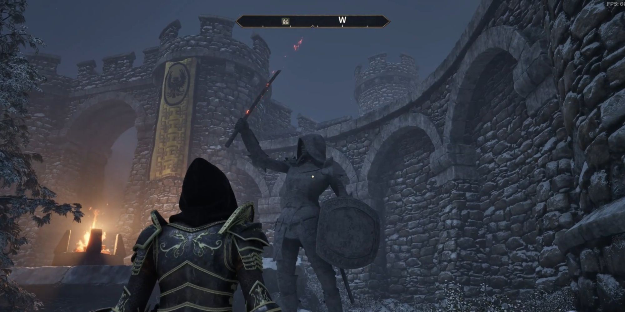 The Hero of Kvatch looking at their statue in Bruma holding up Goldbrand.